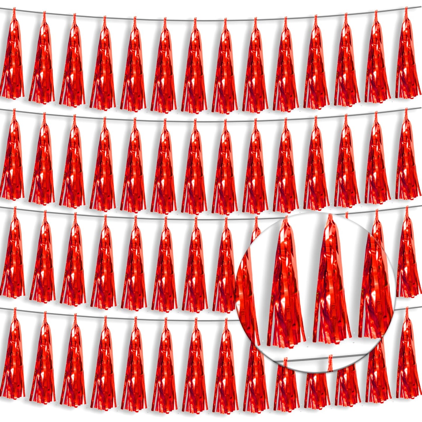 4P Red Foil Fringe Tassel Banner Garland Metallic Tinsel Streamers Wall Hanging Curtain Backdrop Banner for Parade Floats, 2024 