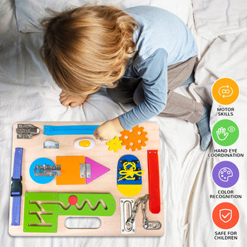 Montessori Busy Board For Toddlers, Wooden Sensory Toys, Preschool Learning Activities For Fine Motor Skills Travel Toy, Basic Life Skills Educational Gifts For 1 2 3 Years Old Kids Boys Girls