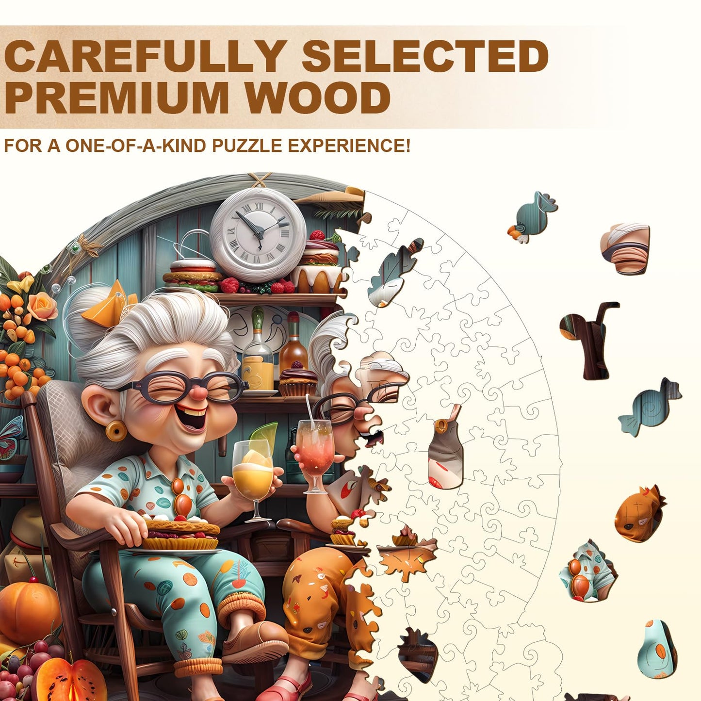 Jigfoxy Wooden Puzzle for mature-themeds  Happy Grandmas Jigsaw Puzzles for mature-themed  Unique Animal Shape Wood Cut Puzzles  Christmas Thanksgiving Gifts for Friends Family (M-11.4 * 11.4in-200pcs)