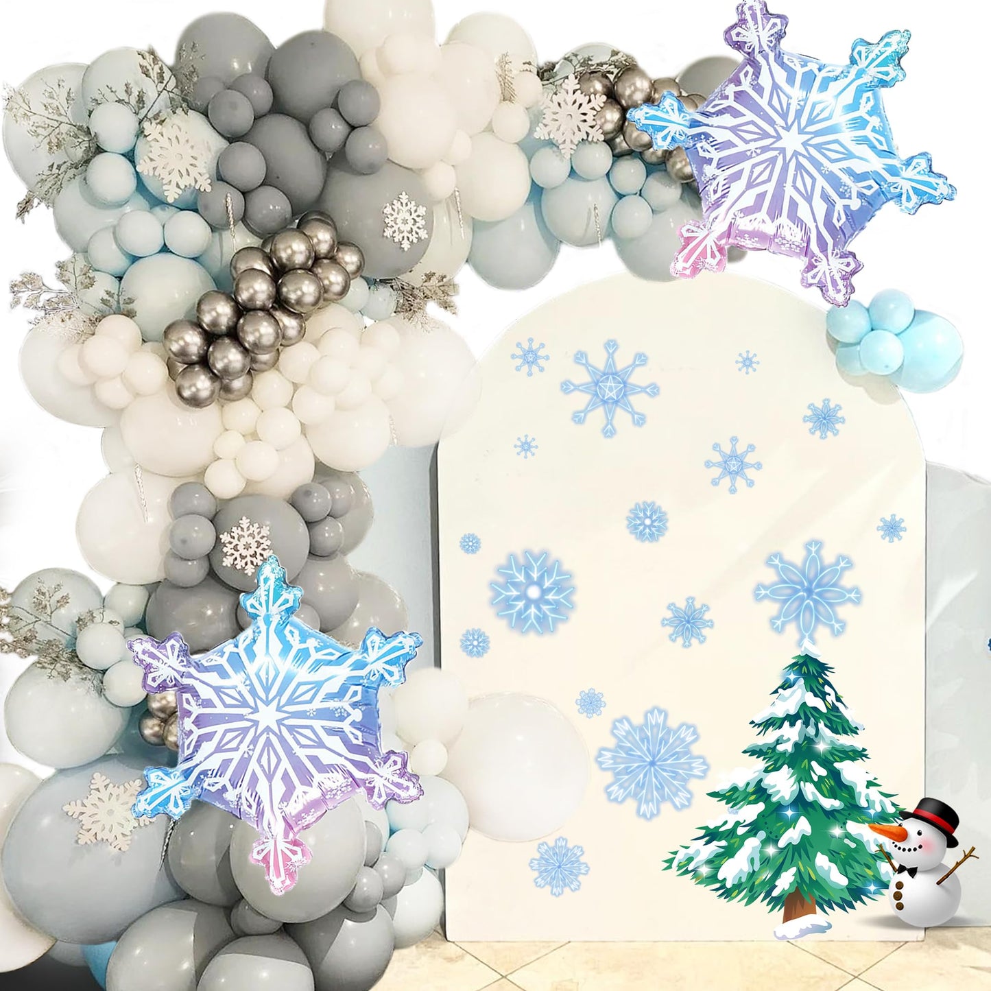 173 Pcs Winter Wonderland Balloons Garland Kit With Haze Blue White Grey Snowflake Balloons For Onederland Baby Shower Birthday