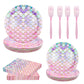 LMJUNZZ 120 Pieces Mermaid Scale Birthday Party Tableware Set - Includes Plates, Napkins, Forks - Ocean Themed Decorations for G