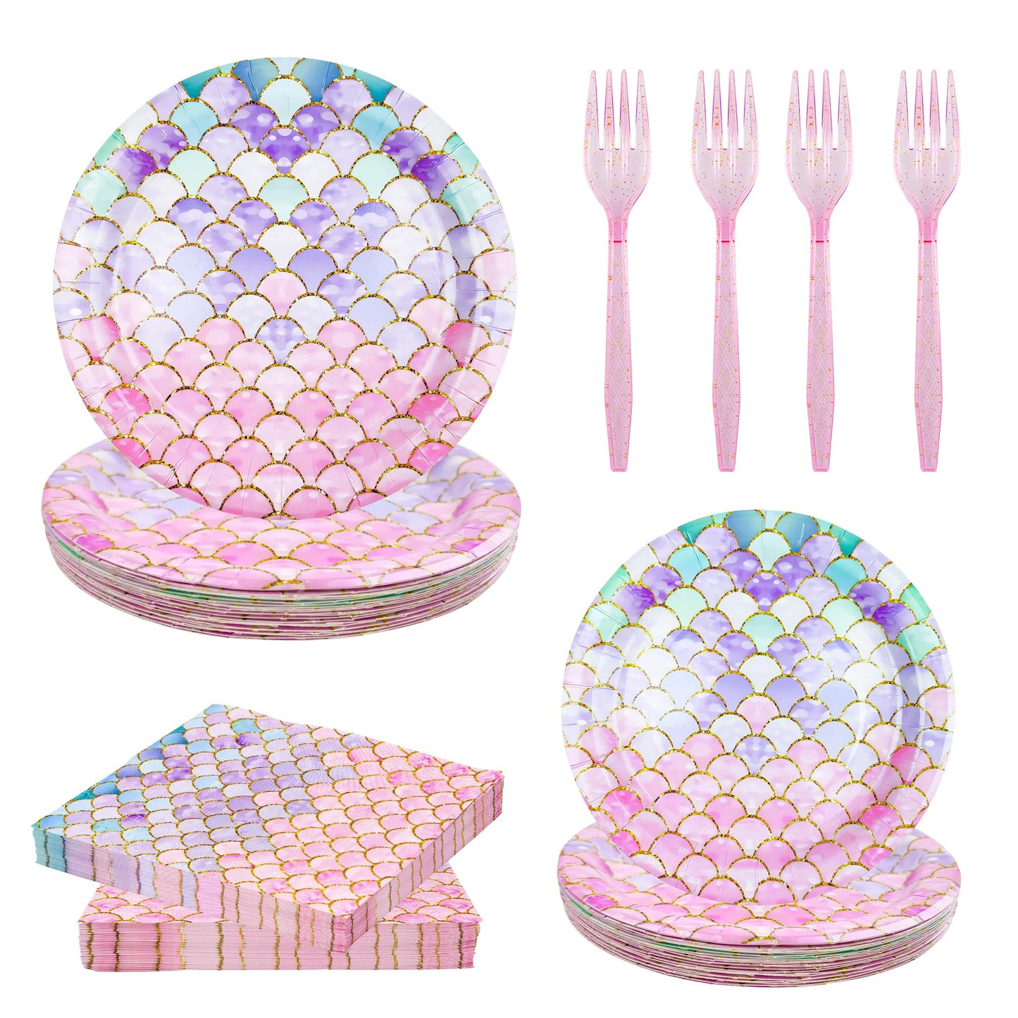 LMJUNZZ 120 Pieces Mermaid Scale Birthday Party Tableware Set - Includes Plates, Napkins, Forks - Ocean Themed Decorations for G
