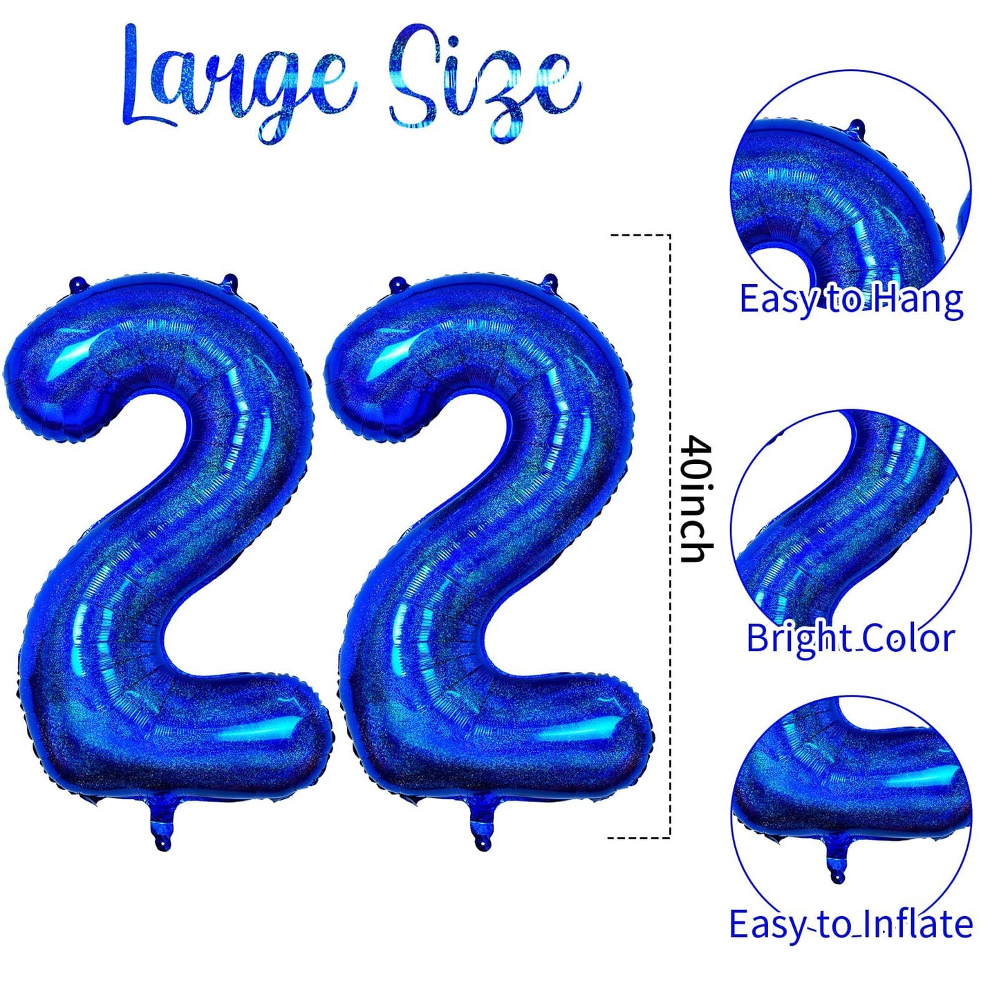 Number 22 Balloon 40 Inch, Laser Blue Big Number Balloon, Giant Mylar 22Nd Balloons Number, Helium Birthday Balloons For Teenage
