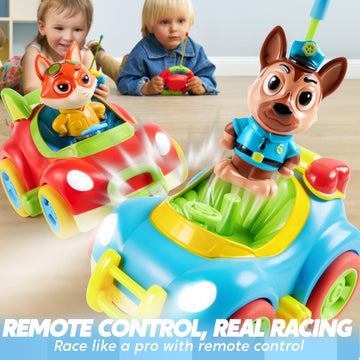 Remote Control Car for Toddlers, 2 Pack RC Cars with Figure Bump & Ejection Play, Kids Cartoon Toys with LED Lights, Music, Volu