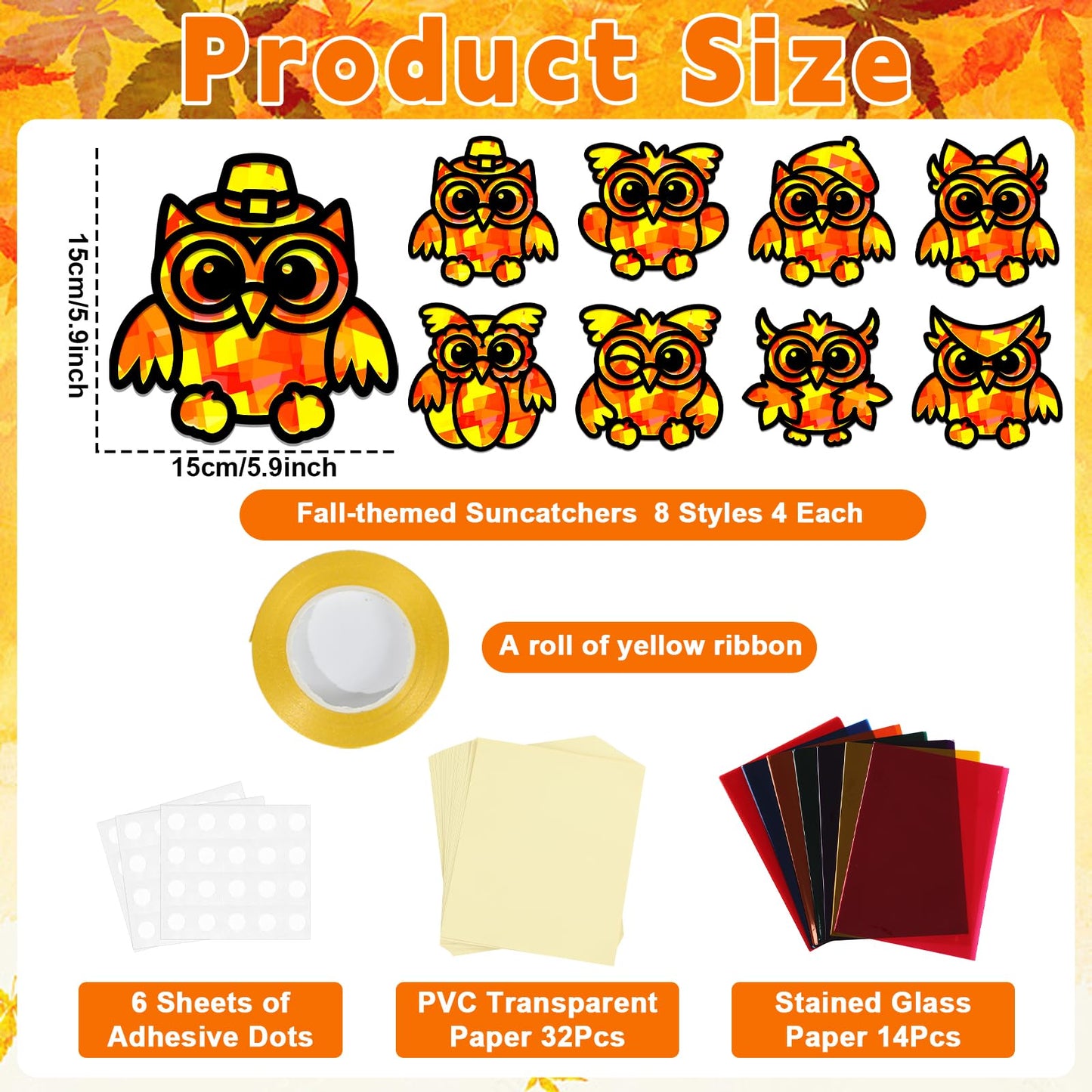 QOUBAI 32 Sets Fall Owl Suncatchers Craft Kit DIY Window Stained Glass Effect Autumn Owl Paper Crafts Home School Classroom Deco