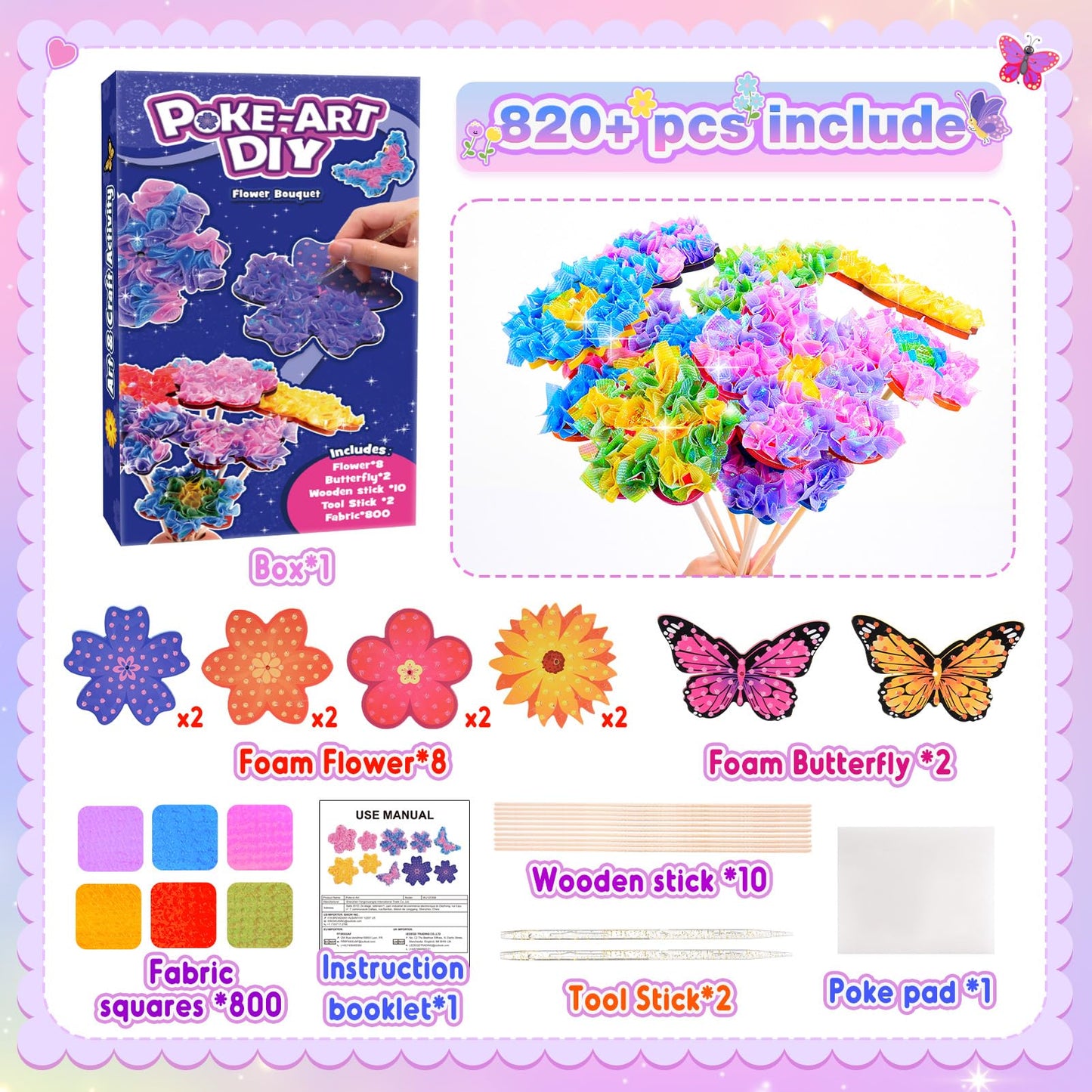 Toys for 4 5 6 7 8+ Year Old Girls, Poke-in Art Flower Bouquet with 8 Flowers & 2 Butterflies Arts and Crafts for Girls Ages 4-1