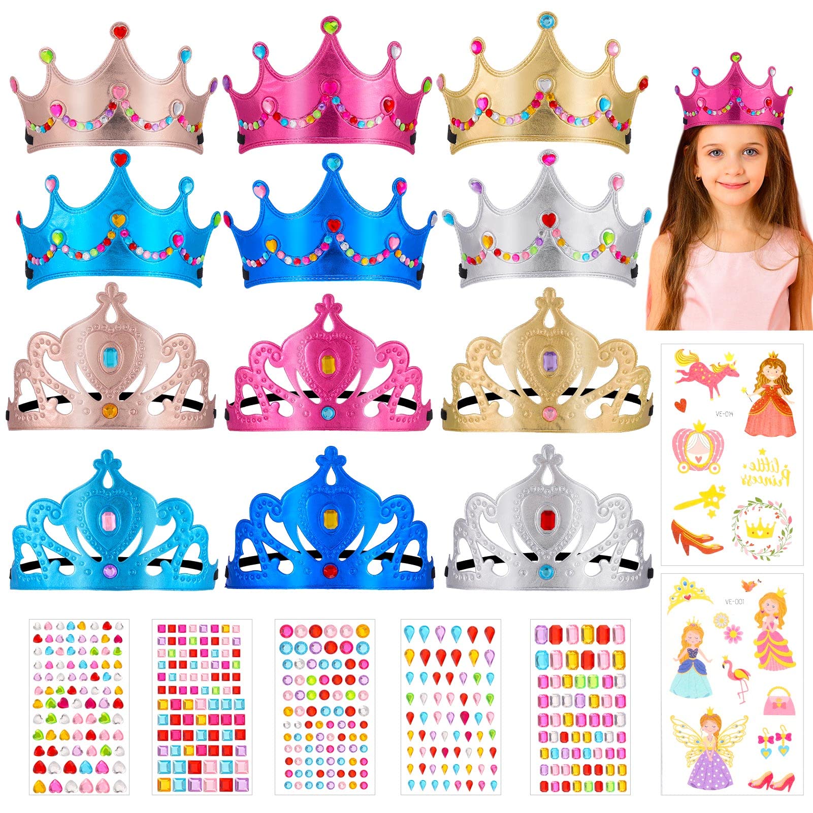 JOELELI 31pcs Crown Craft for Kids, 24pcs Foam Princess Tiara Crowns with Gem Diamond Tattoo Sticker- Make Your Own Queen King C