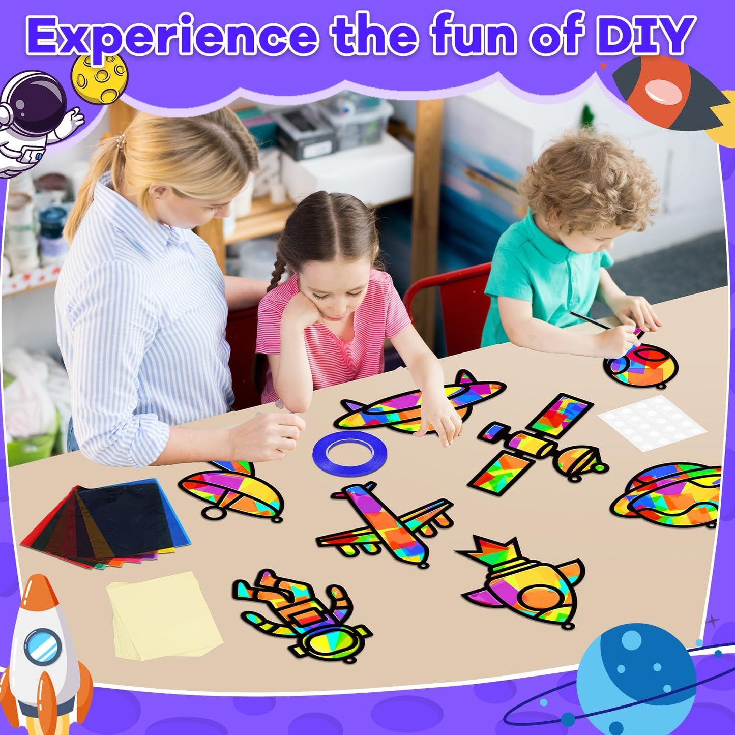 32 Sets Outer Space Suncatchers Craft Kit DIY Window Stained Glass Effect Planet Astronaut Alien Paper Crafts Home School Classr