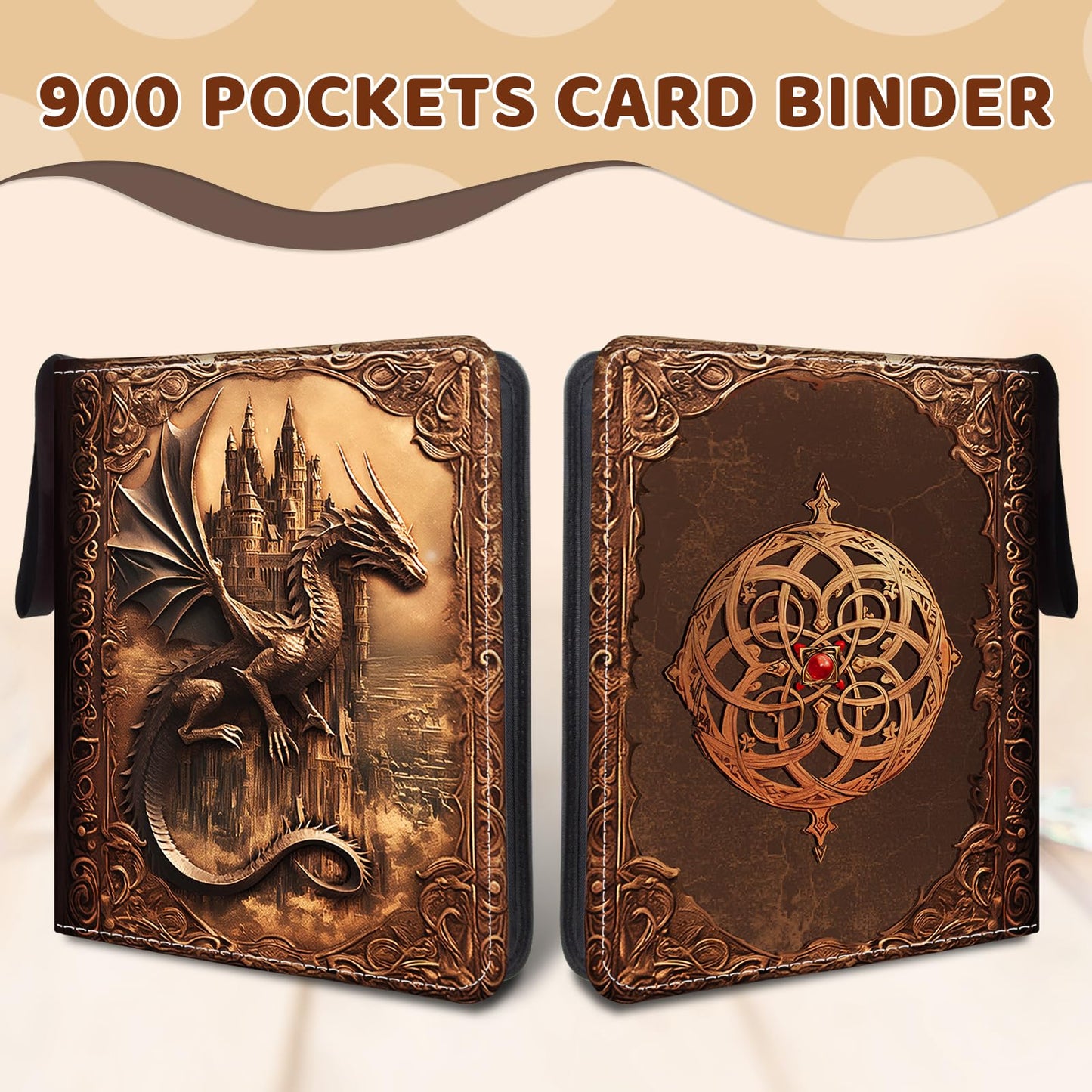 Wazzio 900 Pocket Trading Card Storage Album  Card Binder with 50 Durable 9-Pocket Pages  Birthday Gifts for Fathers Day  Retro Dragon Design on Pocket Card Packs  Gifts for Zipper Closure Collector