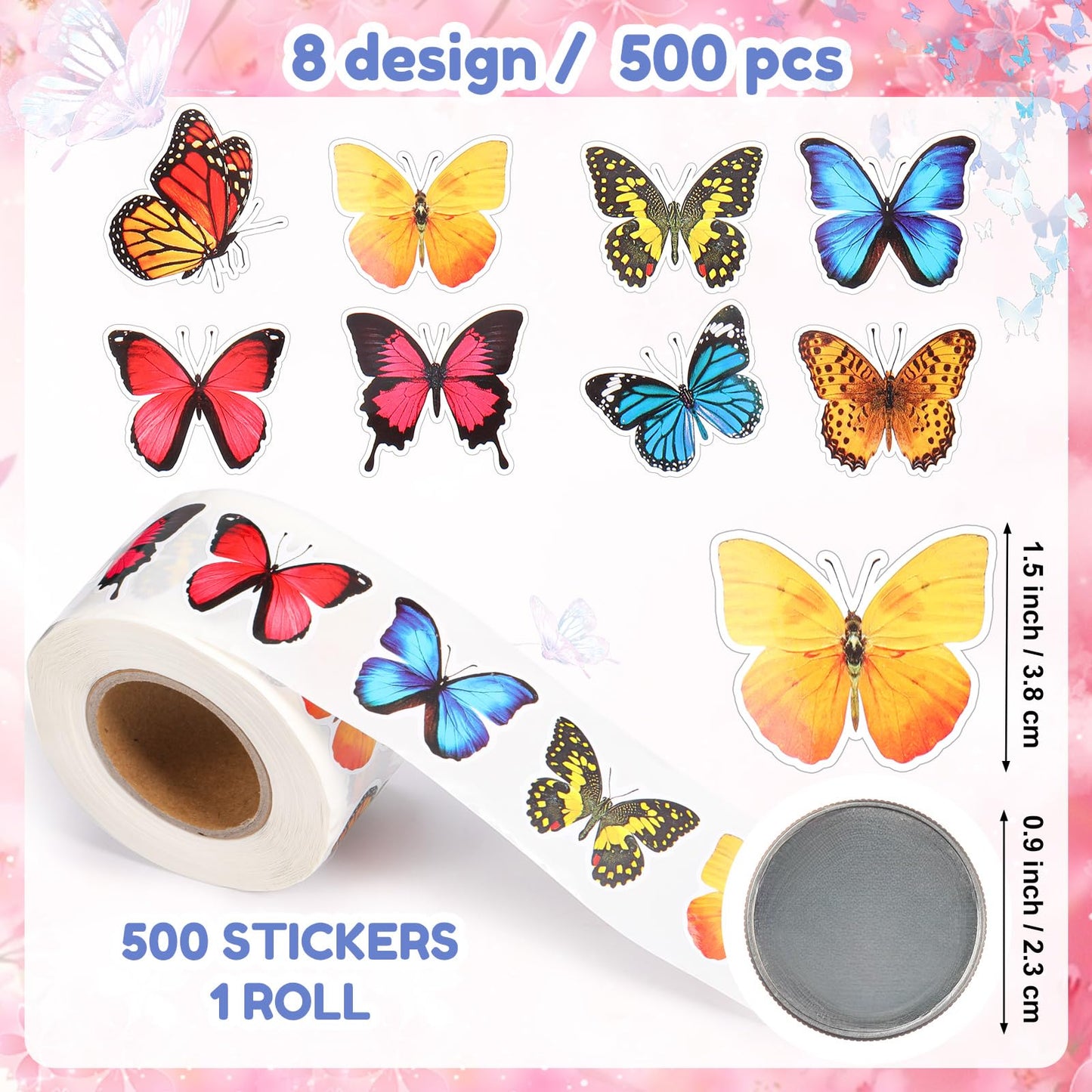 Feifeiya 500 Pcs Butterfly Stickers 1.5 Inch Butterfly Gift Sticker Roll Colorful Self-Adhesive Label Decals for Gifts Cards Scr