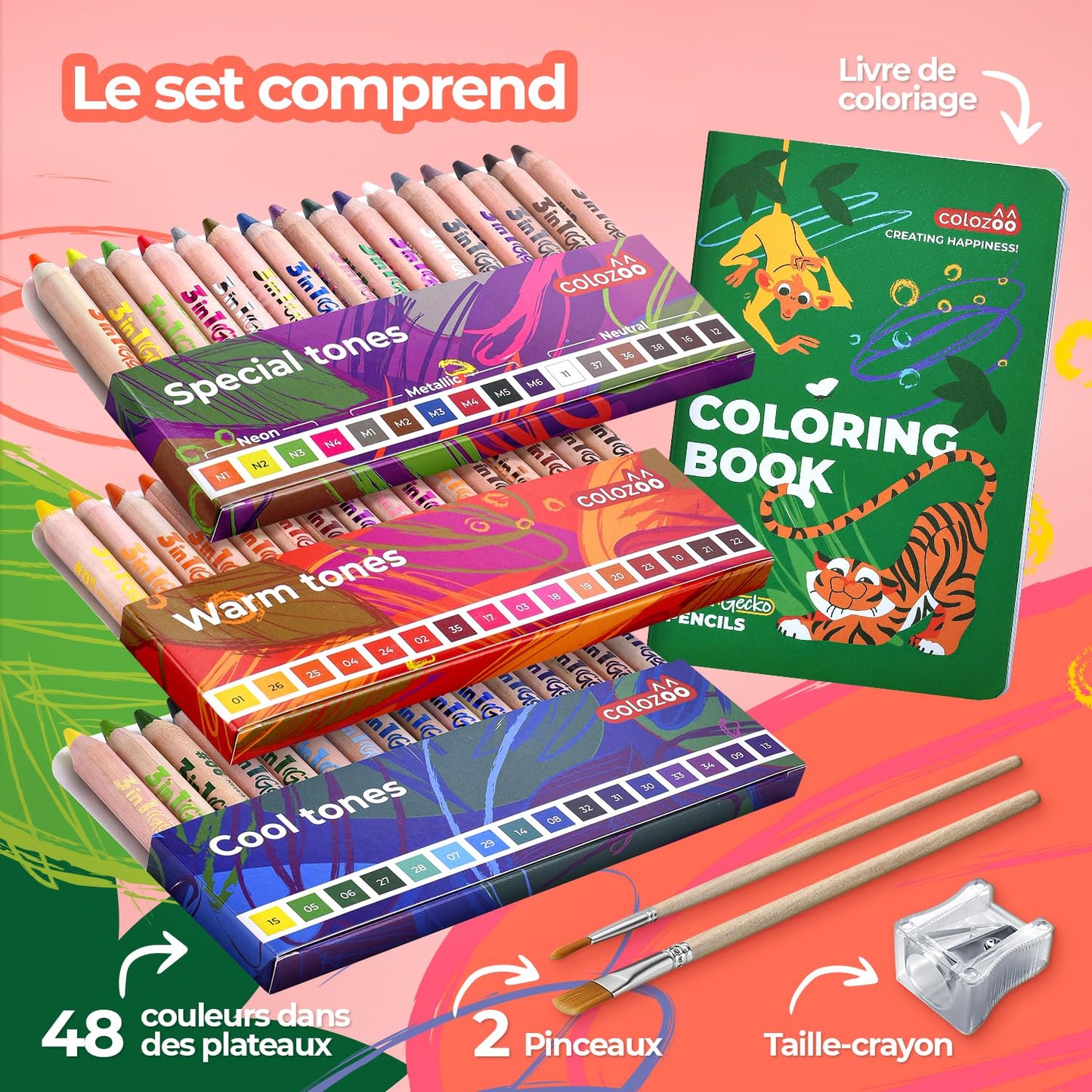 Colozoo 3-in-1 Kids' Pencil Set - 48 Coloring Pencils, Brushes, Sharpener, Age 3+, Plastic, 48 Colours