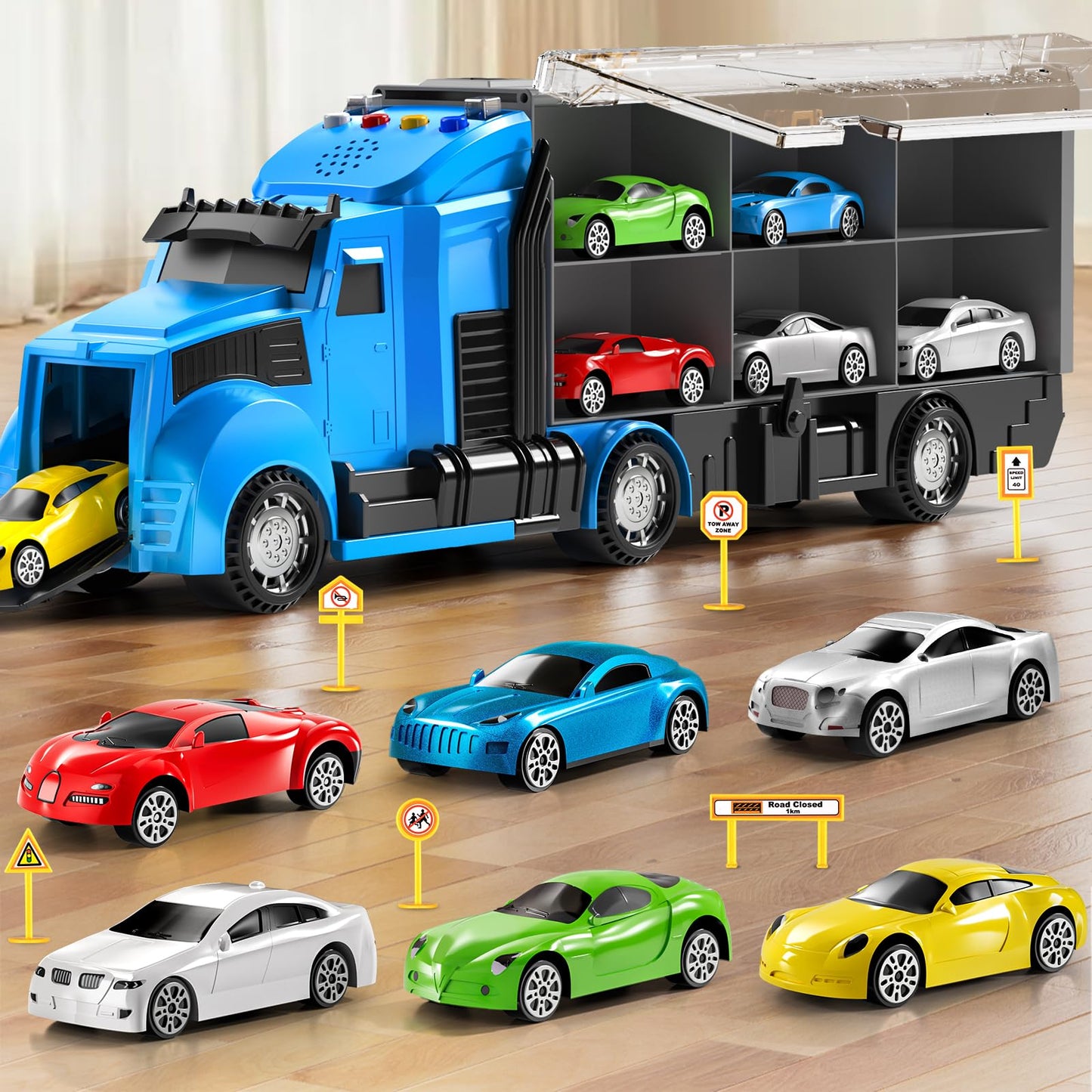 NIPLOOOW Racing Trucks Toy Set with Play Mat, Carrier Truck Play Vehicles Set for 3 4 5 6 Years Old Boys Kids, Die-Cast Car Toy