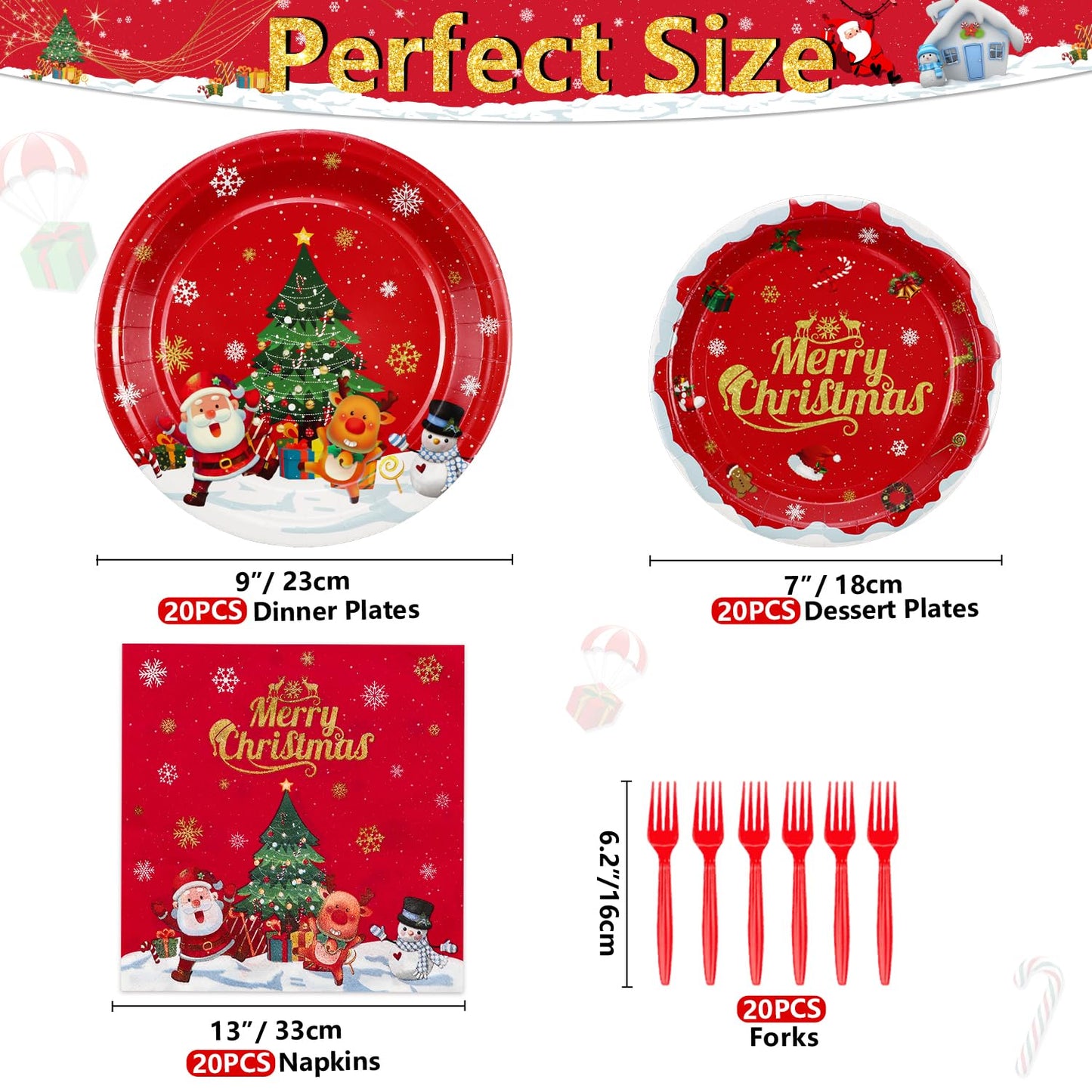 XJLANTTE Christmas Party Decorations - Including Merry Christmas Paper Plates, Snowman Napkins, Forks Christmas Dinnerware Set f
