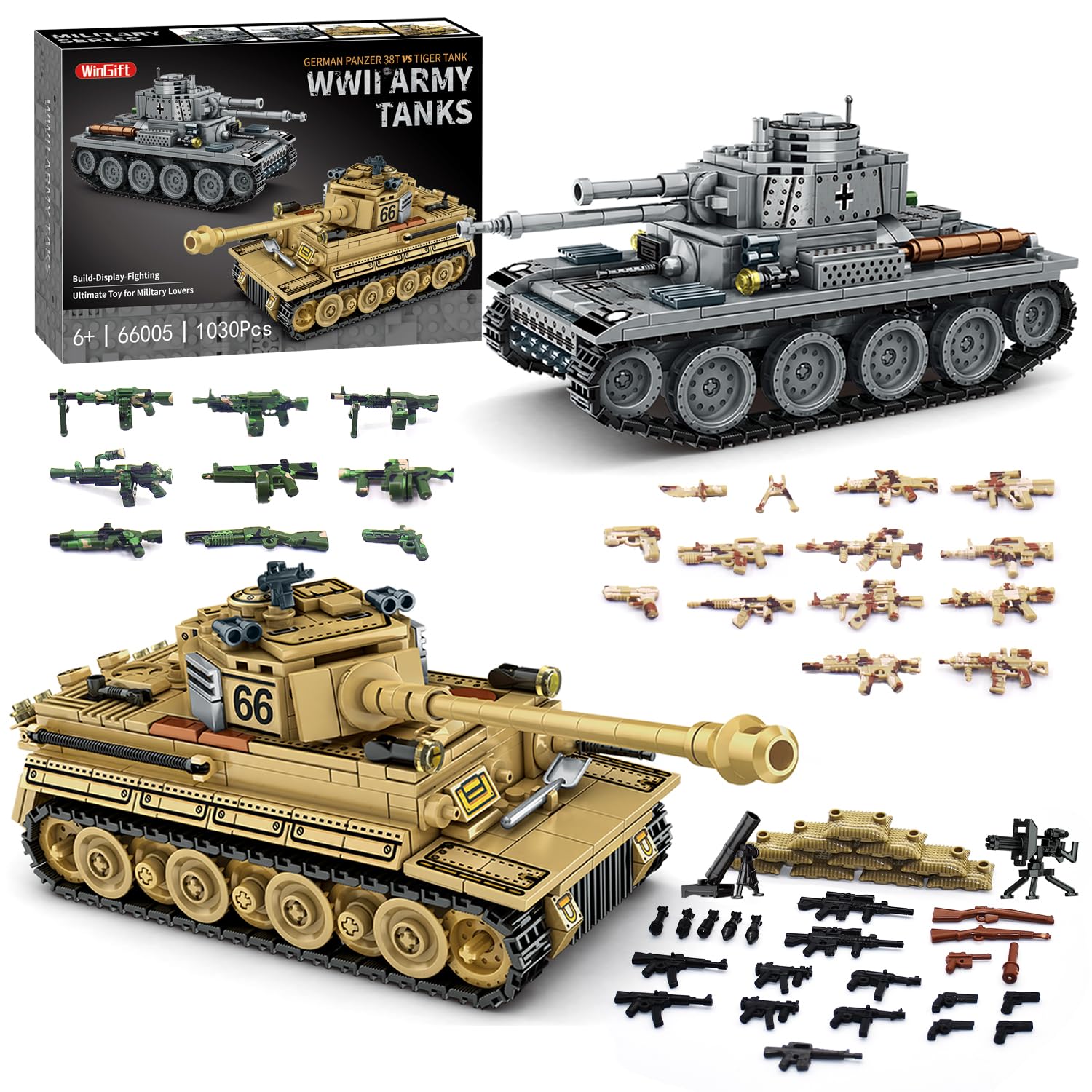 WINGIFT 1030 Piece WW2 Army Tanks Toy Building Sets Create a German Panzer 38T and a German Tiger Tank Toys mature-themed Collectible Model Tanks Sets to Build Christmas Birthday Gifts for Boys Teens mature-themeds