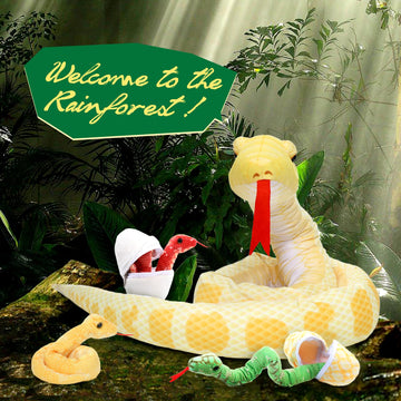 Tezituor Giant Stuffed Snake Plush, Yellow Snake Stuffed Animal With 3 Snake Babies & 2 Eggs,80' Long Boa Constrictor Snake Toys For Boys Girls Birthday Gifts