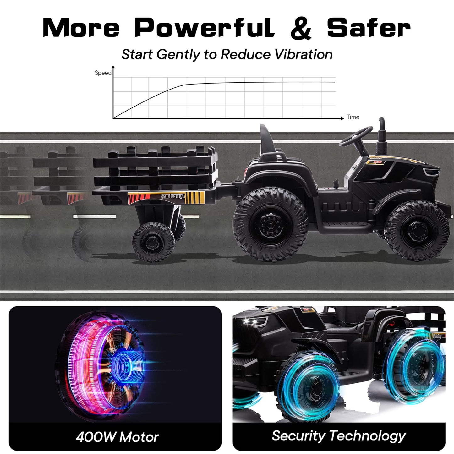 Hikiddo 24V 9Ah Ride-On Tractor for Big Kids, 400W Electric Vehicle with Remote Control - Black