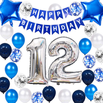 12Th Birthday Party Decoration For Boys, Happy Birthday Banner Blue Number 12 Birthday Balloons 12Th Birthday Latex Confetti Bal