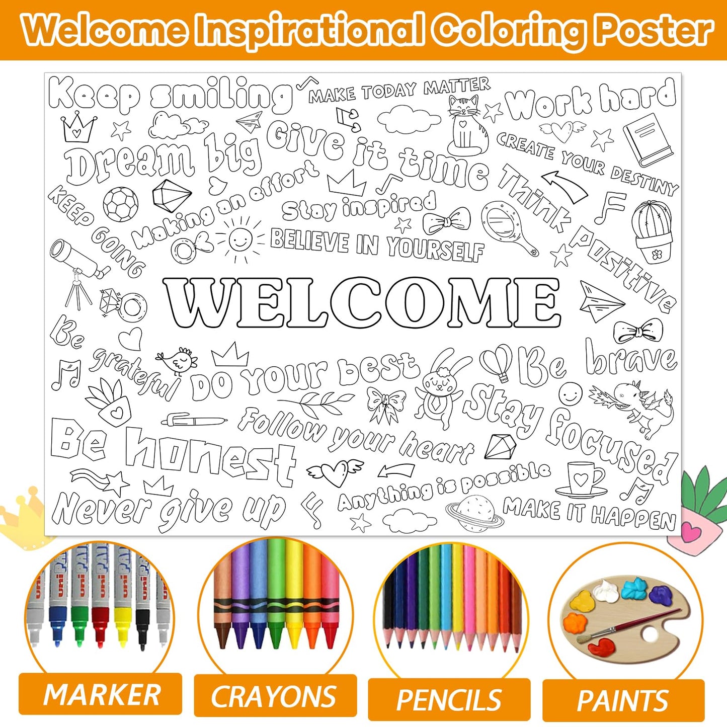 Naozinebi Welcome Coloring Poster For Kids Giant Coloring Poster Large Positive Affirmation Inspirational Coloring Tablecloth Ju