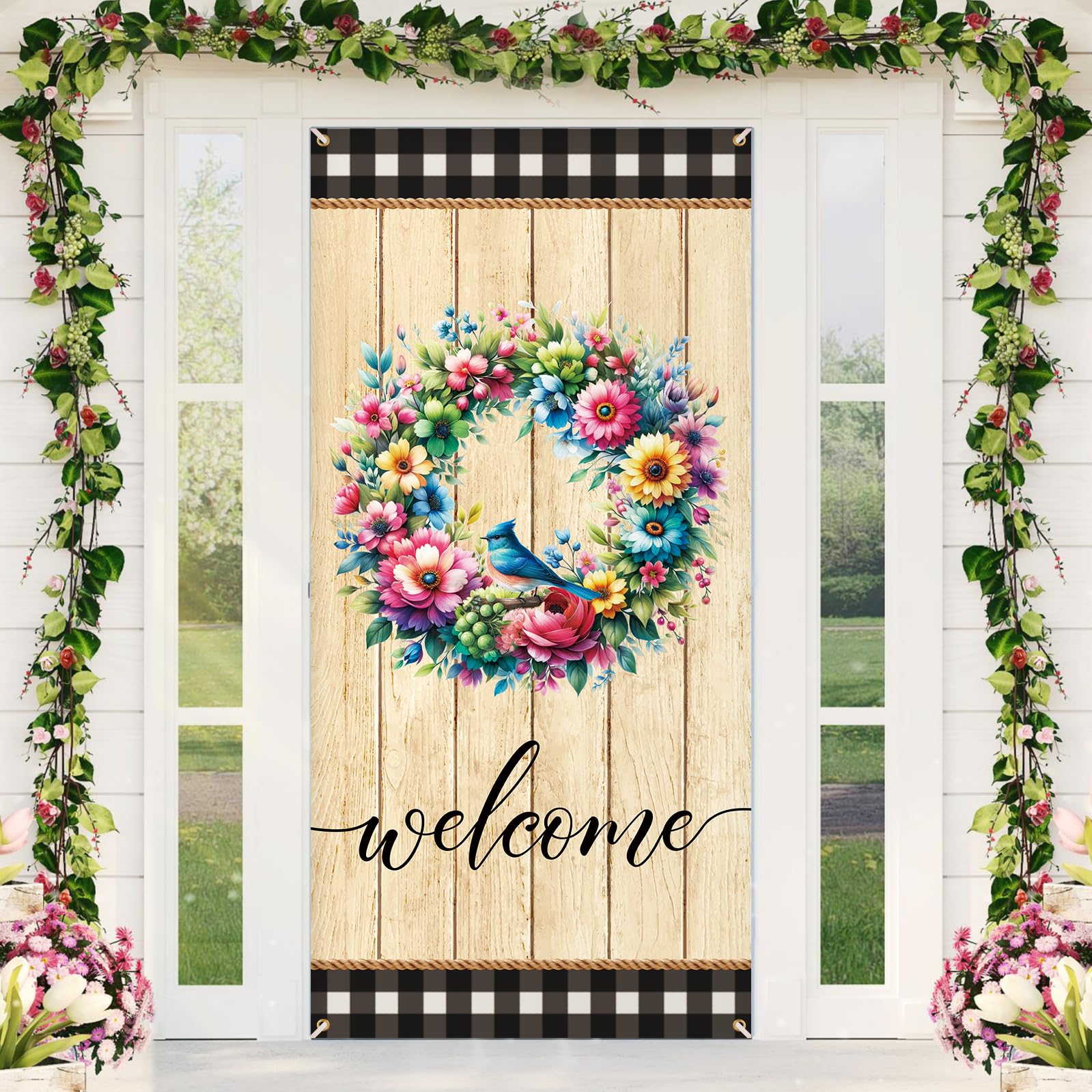 Welcome Flower Door Cover Decorations Spring Summer Flower Door Banner Wood Grain Buffalo Plaid Wreath Door Banner Hanging Sprin