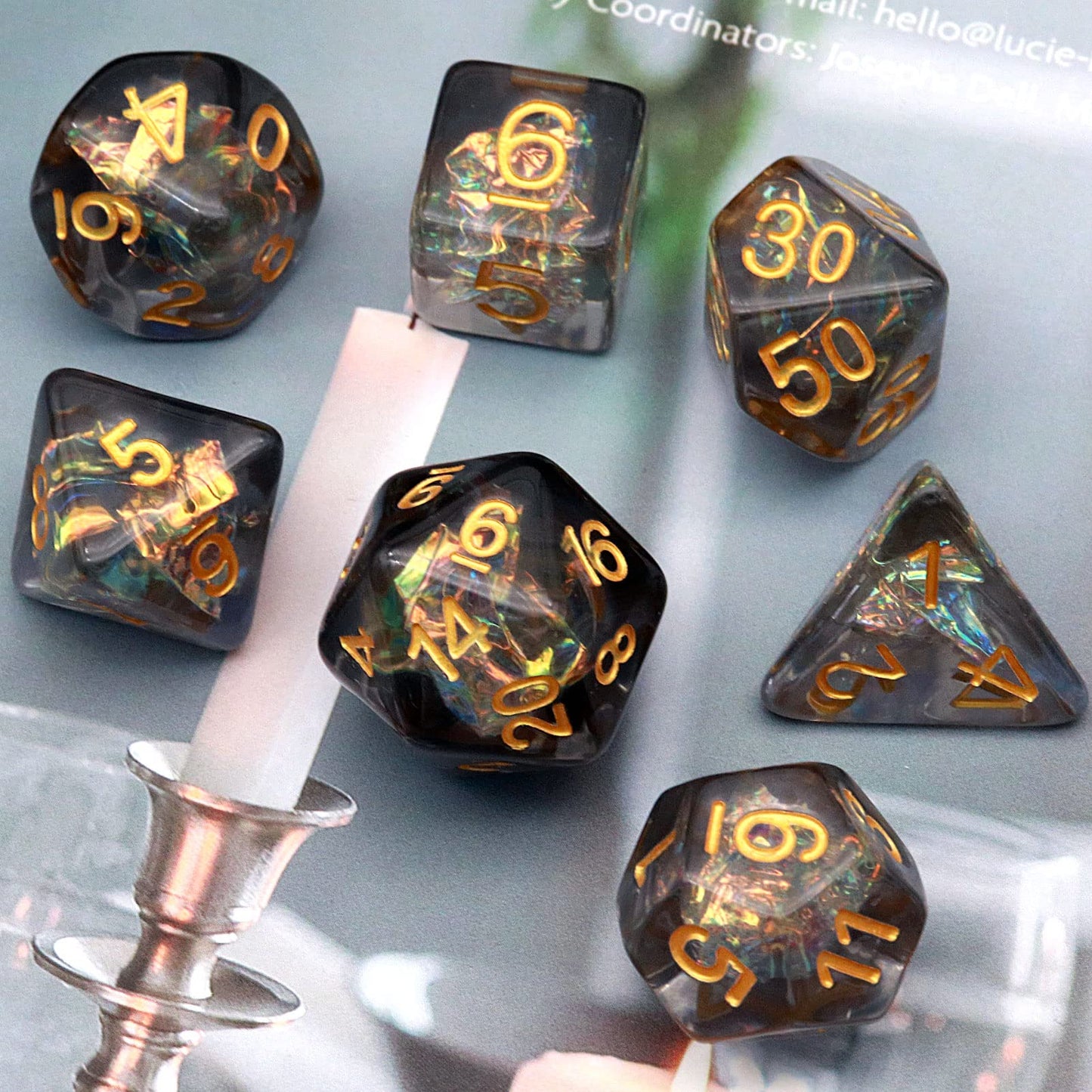 Haxtec Black DND Dice Set 7PCS Filled Resin Polyhedral D&D Dice W/Iridescent Mylar Inclusion Role Playing Dice Dungeons and Drag