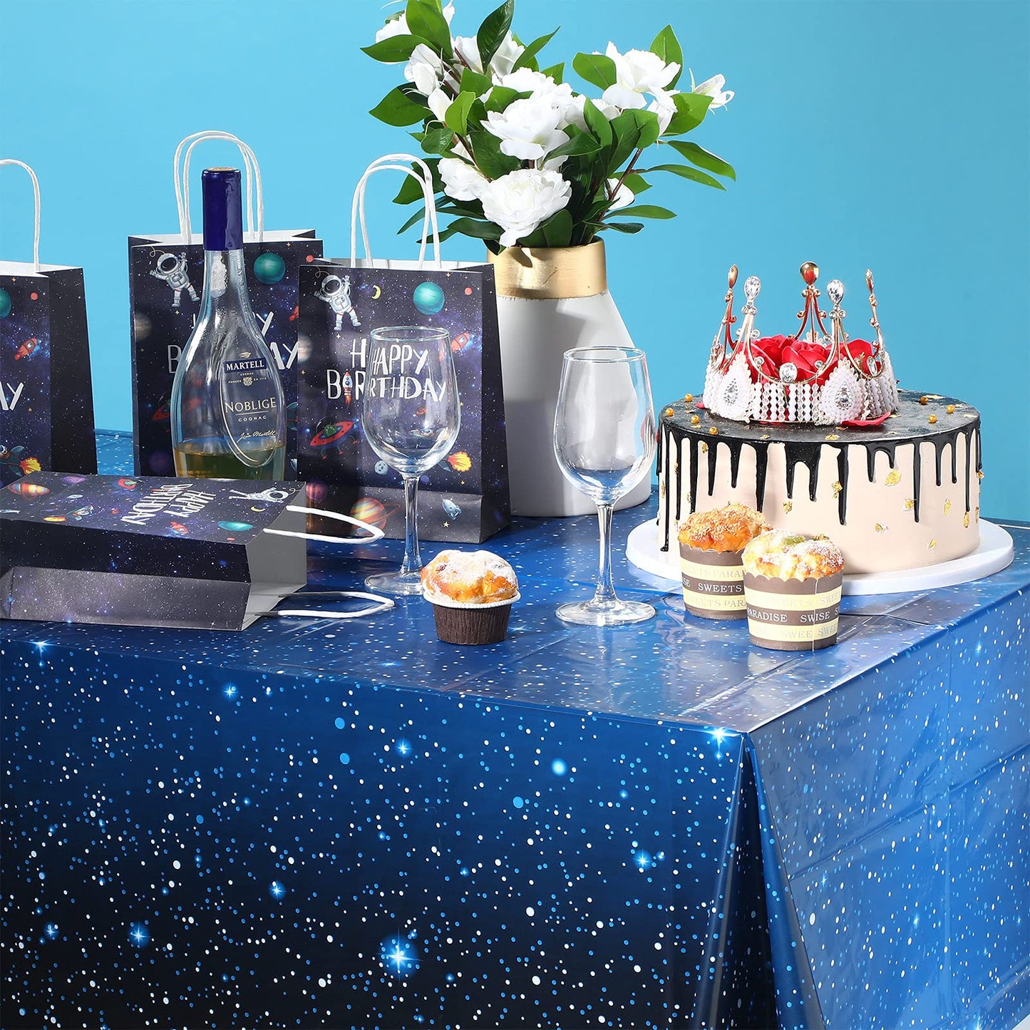 Space Tablecloth Starry Night Tablecloth Decorations Plastic Galaxy Table Cover Space Stars Theme Party Supplies For Birthday Home Decorations, 54 X 108 Inch (3 Pieces)