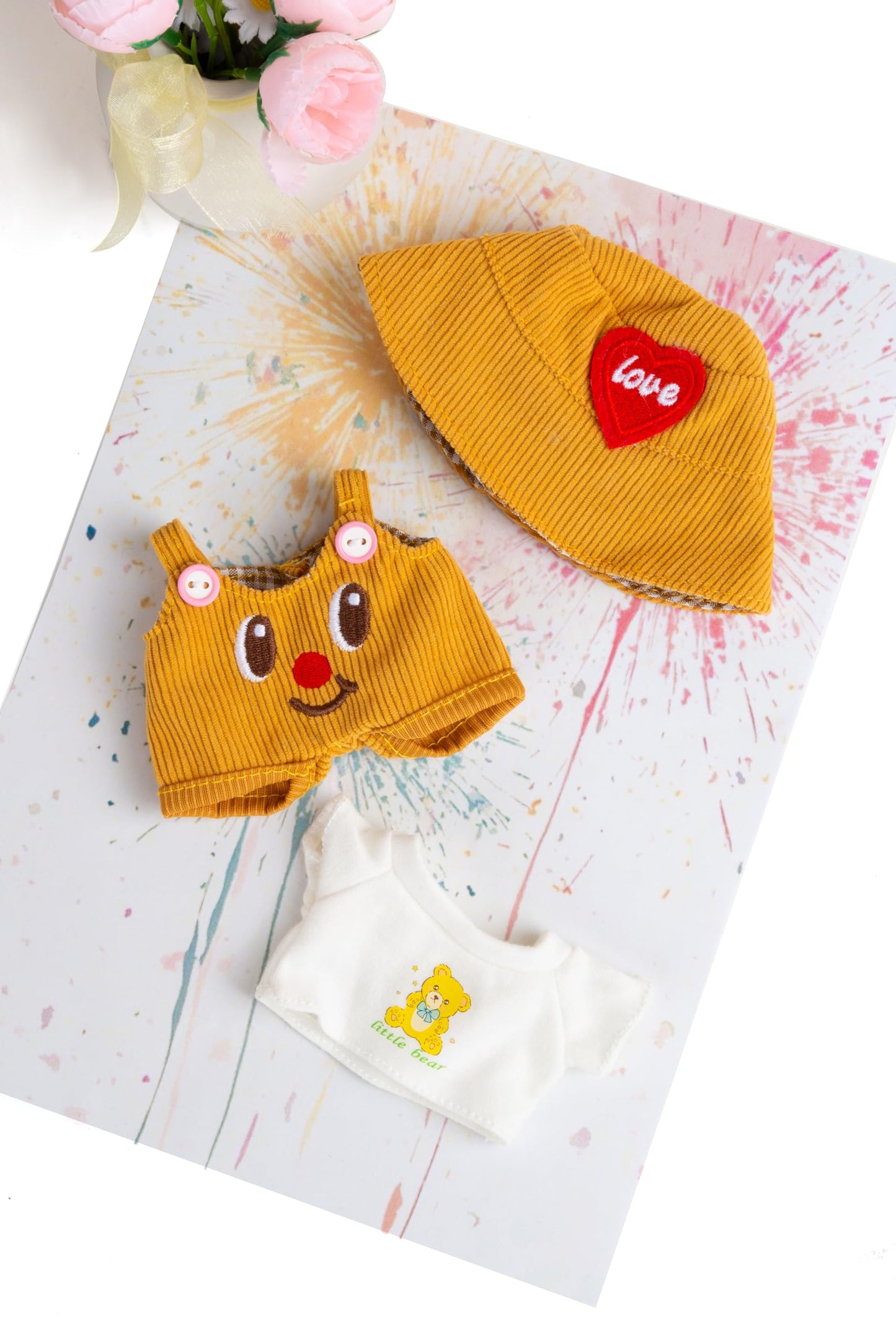17 cm Doll Clothes  3-Piece Set Stylish Clothes for 17cm Doll  enhanced Outfit with Accessories for Doll- Red Heart Butter Hat & Tshirt & Butter Bear Romper (NO Doll)