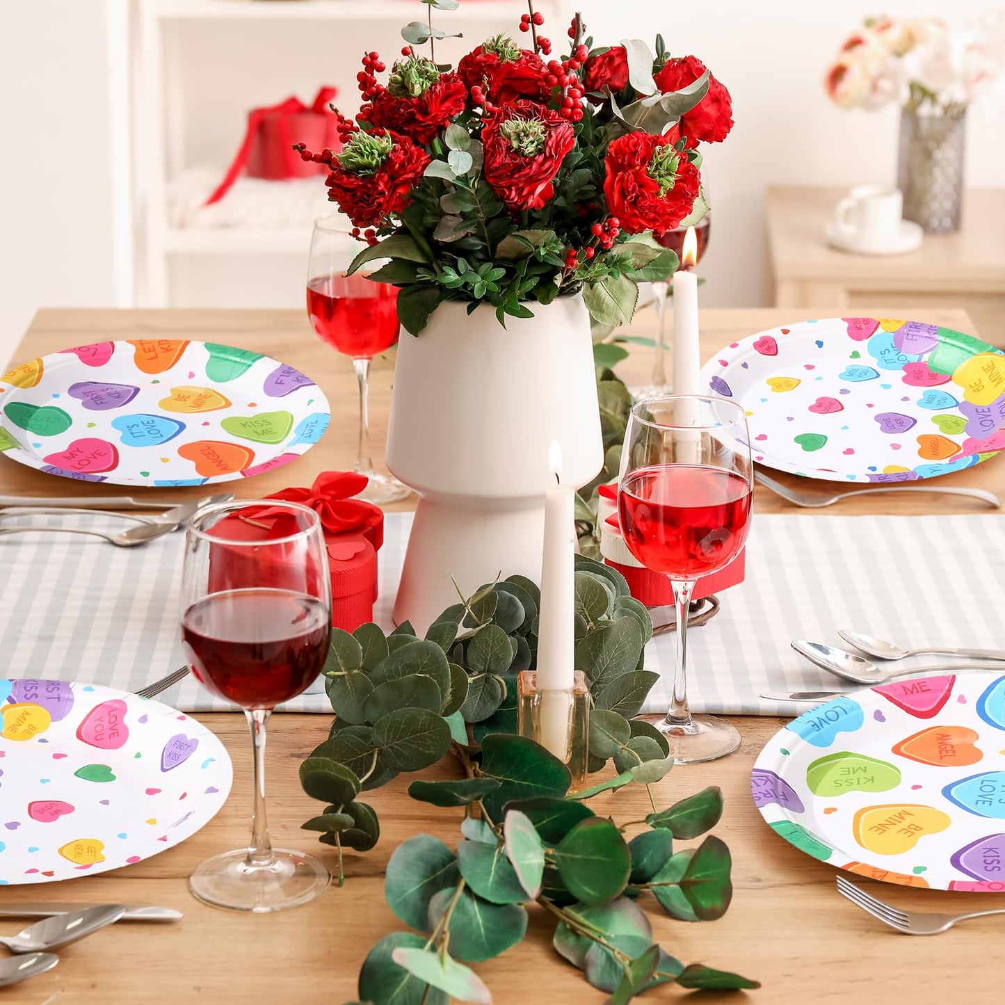 Potchen 100 Pcs 7 Inch Valentines Day Paper Plates Disposable Conversation Heart Paper Plates Round Sweetest Day Plates Decorat