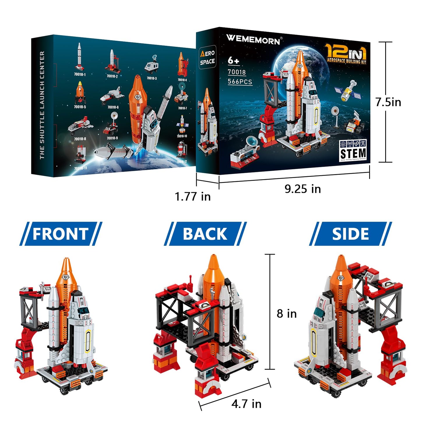 WEMEMORN Space Exploration Shuttle Rocket Toy - 12-in-1 STEM Building Blocks Kit, 566 Pieces, Multicolor, for Ages 6-12