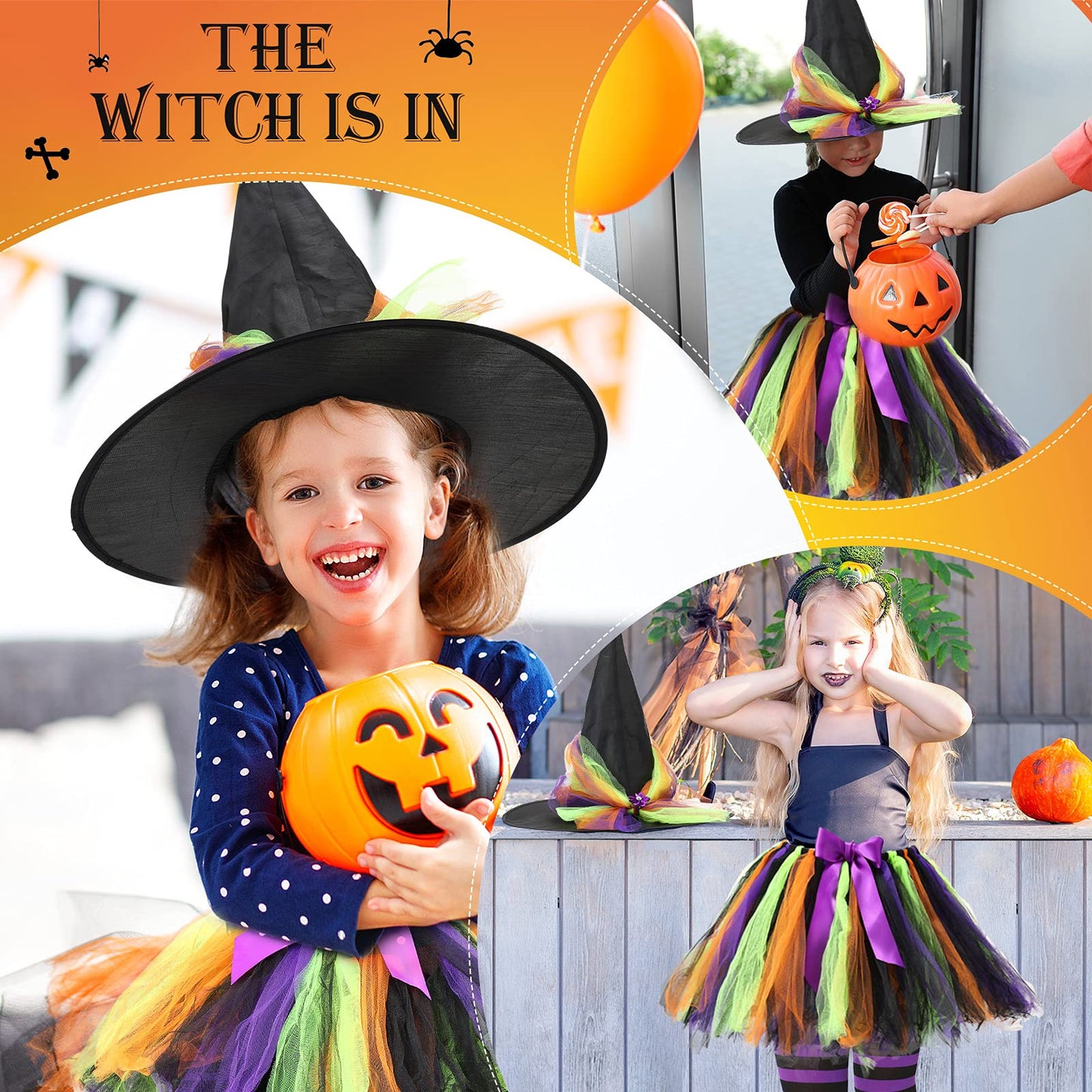 Satinior Halloween Tutu With Witch Hat Halloween Witch Costume Set For Girls Witch Tutu Skirt, Striped Tights And Plastic Witch Broom For Cosplay Party Favors Supplies