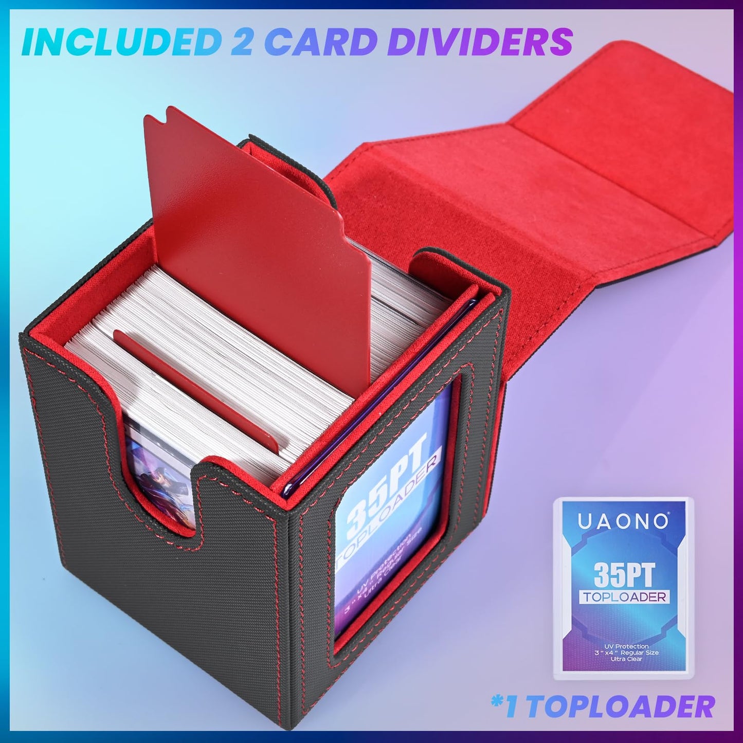 Uaono Card Deck Box With Mtg Commander Display, Deck Case Holds 100+ Double-Sleeved Cards, Trading Card Storage Box Fits Tcg/Ptcg/Sports Card With 2 Dividers, 1 Toploader (Grey, Red)