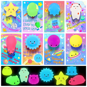 Oliker 32 Pack Valentines Day Cards With Cute Mochi Squishy Toys, Glow In The Dark Kawaii Mini Squishies Stress Relief Toys, Val