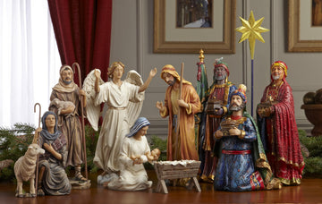 Three Kings Gifts Magi, Wise Men, Christmas Star, Angel, Shepherds, Sheep, Holy Family, Jesus In Manger, Real Gold In Trunk, Nativity Scene Set & Figures, 11-Pieces, For 10 Inch Scale Collection