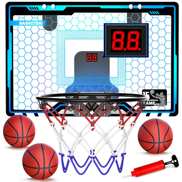 Hoperock Indoor Mini Basketball Hoop For Kids, Basketball Hoops Over The Door With Led Lighting, Mini Hoop With Scoreboard & 3 Balls, Basketball Toys Gifts For 5 6 7 8 9 10 11 12 Year Old Boys Girls