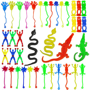 Porafuk 46 Pieces Vinyl Stretchy Sticky Toys Assorted Novelty Large Sticky Hands, Hammer, Lizards, Skull And Flying Frog For Chi