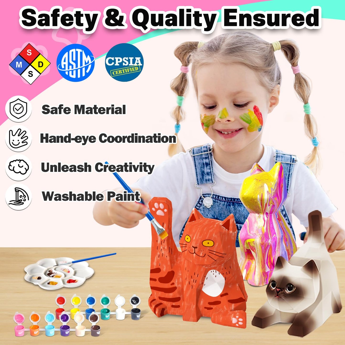 FUNZBO 3pcs Paint Your Own Cat Lamp Kit - Arts and Crafts Supplies Kitten Painting Kits for Kids Teens Adults, DIY Night Light T