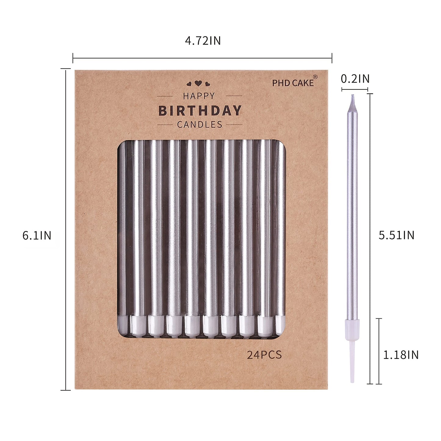 PHD CAKE Silver Long Thin Metallic Birthday Candles, Cake Candles, Birthday Parties, Wedding Decorations, Party Candles