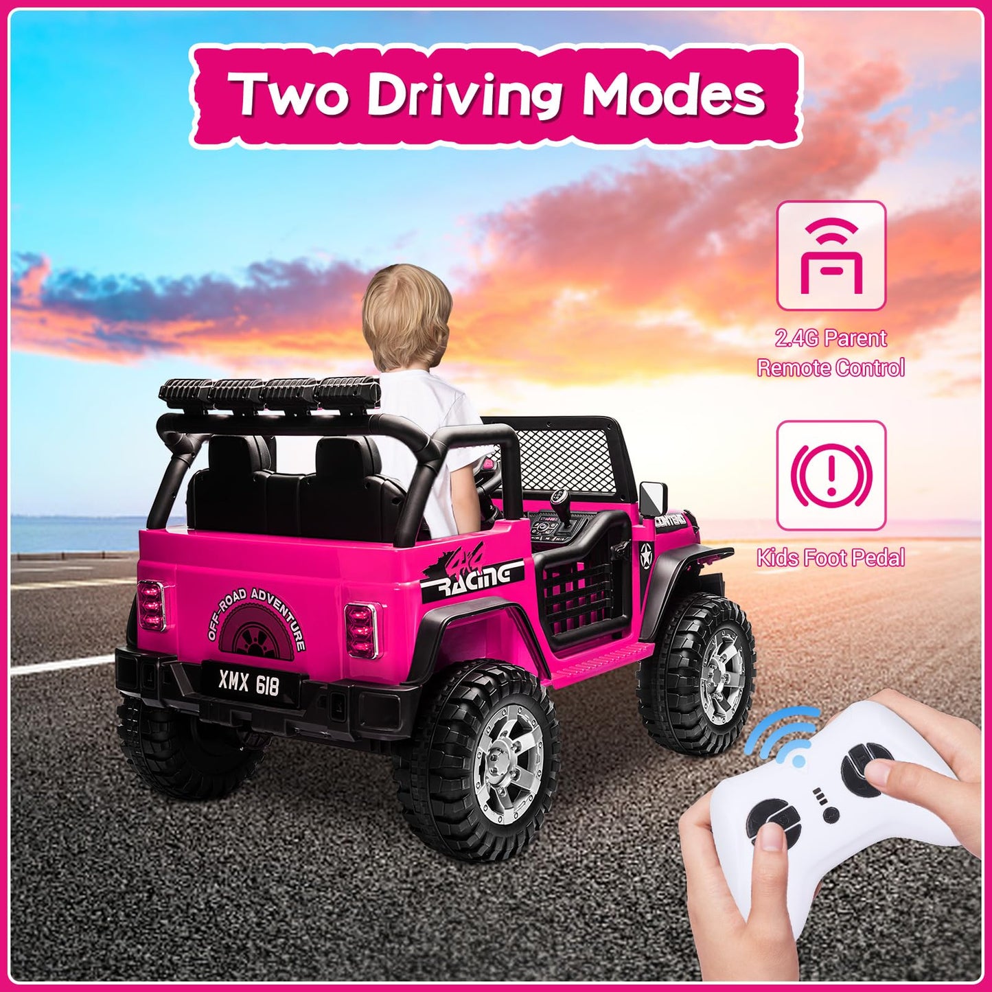 Sehomy 2-Seater Kids Ride On Truck Car With Remote, 12V Battery Powered Electric Car For Kids 3 - Spring Suspension, Led Lights,