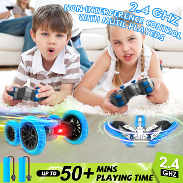 Remote Control Car, 360 Rotating RC Stunt Car with Lights and Spray, 2.4Ghz 4WD Double-Sided Driving RC Car Toys for Kids, Outdo