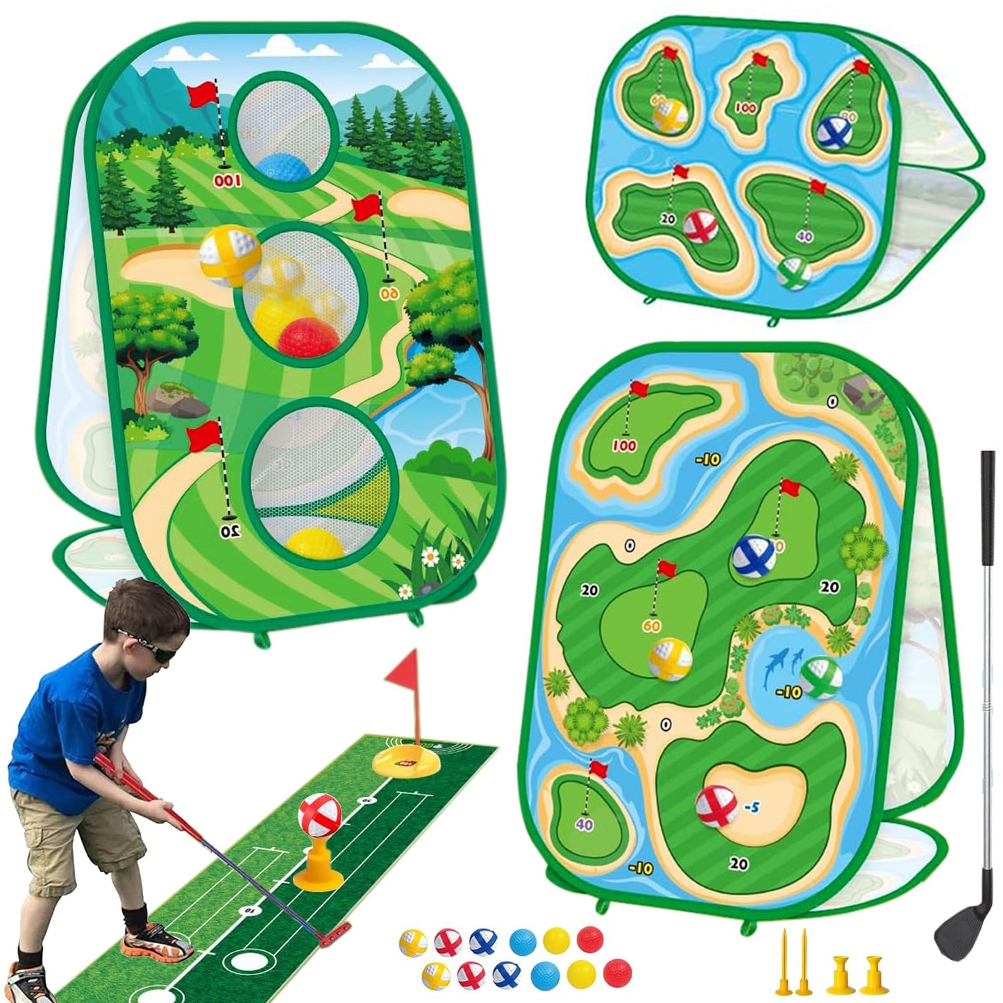 YSZZYSM 4-In-1 Kids Golf Games Set - Chipping Net, Putting Mat, Cornhole Board - Indoor/Outdoor - Blue - Model 7888-32 - 25.