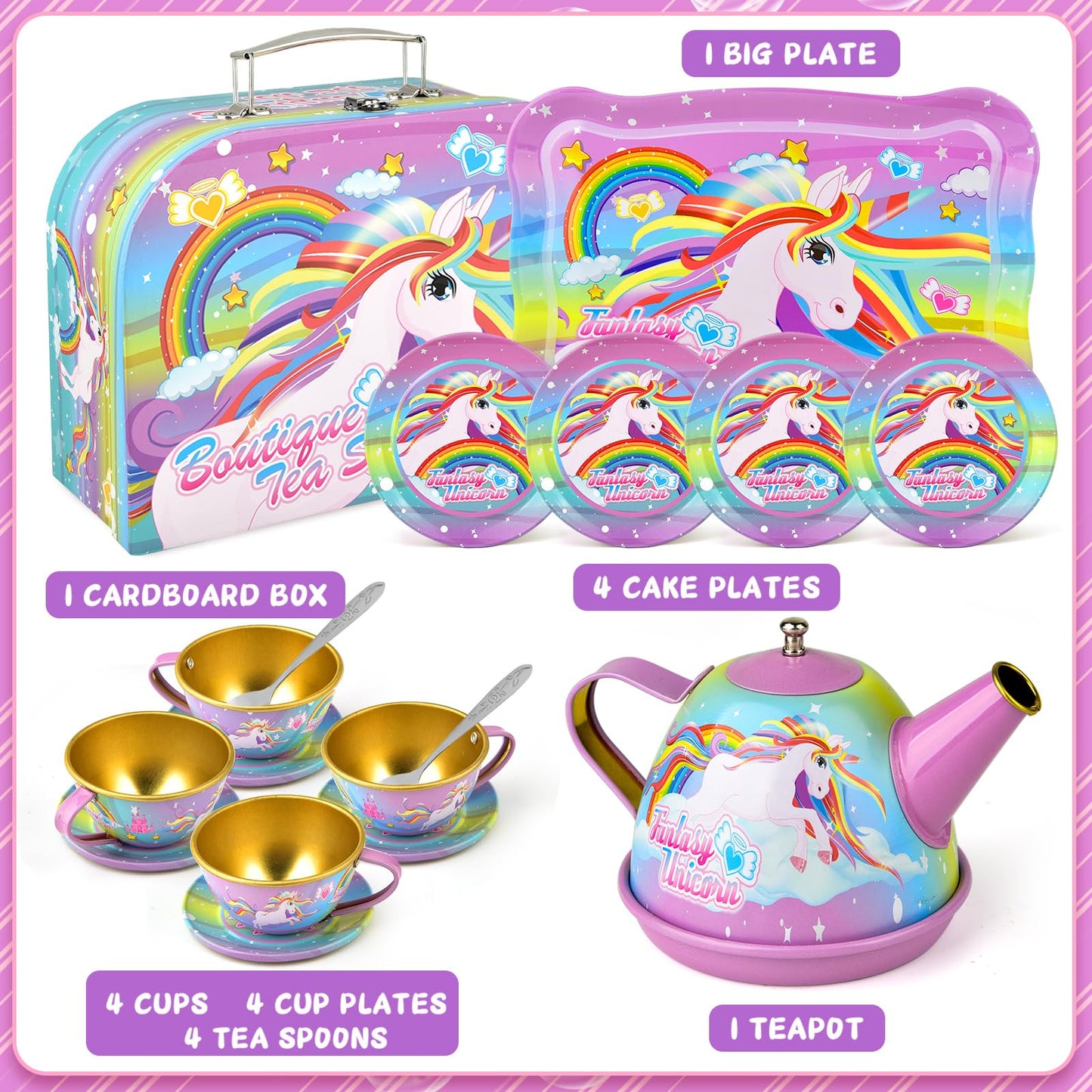 Unicorn Tea Party Set for Little Girls, Unicorn Tea Set Toys for Girls Age 3 4 5 6 Year Old, Toddler Kids Kitchen Pretend Play T