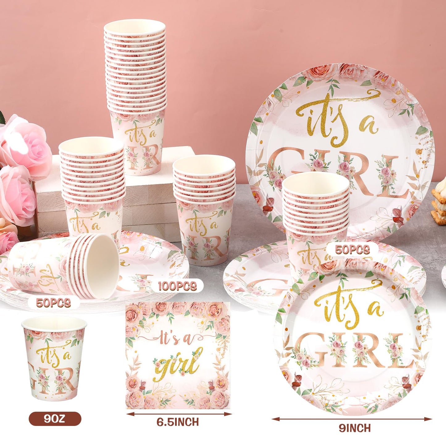 Hushee 200 Pcs Floral Baby Shower Paper Plates Napkins Cups Baby Shower Party Supplies Tableware Set Rose Gold Disposable Cup Na