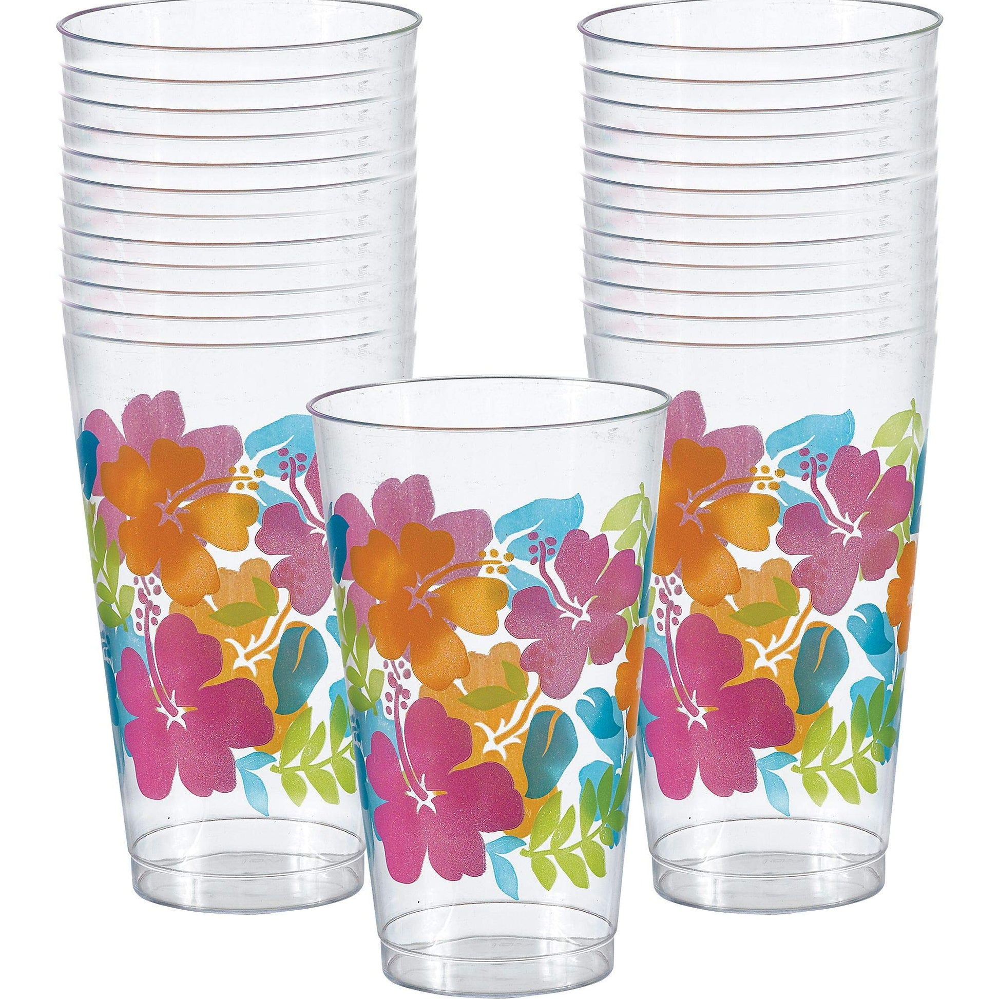 Clear With Multicolor Hibiscus Print Plastic Tumblers - 16 Oz (Pack Of 26) - Perfect For Parties & Tropical-Themed Events