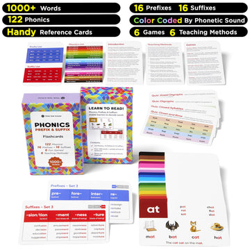 Think Tank Scholar Phonics Flash Cards + Prefixes & Suffixes (1000+ Words) 122 Phonics, 6 Teaching Methods & 6 Fun Learning Game