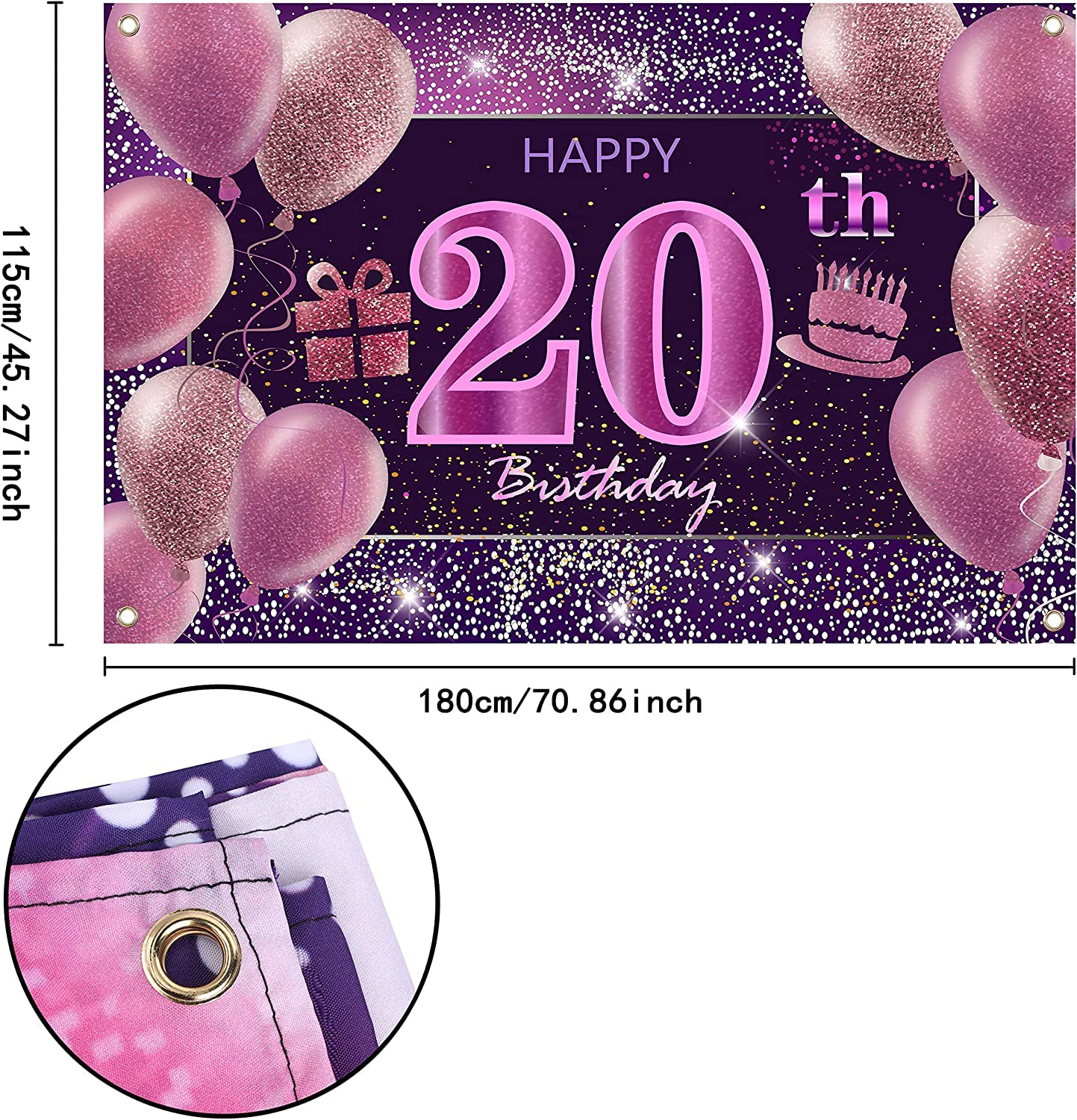 IMISI 20th Birthday Decorations - Pink Happy Birthday Banner, Polyester Backdrop for Girls' Party