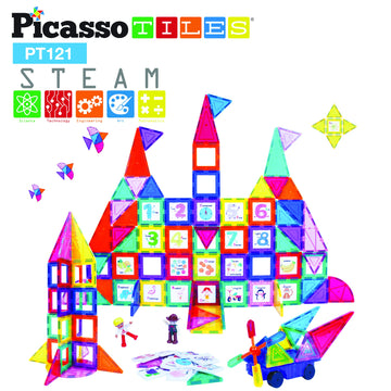 PicassoTiles 121 pc Master Builder Magnetic Building Block Construction Set Magnet Tiles Blocks with Car Truck, 2 Character Acti