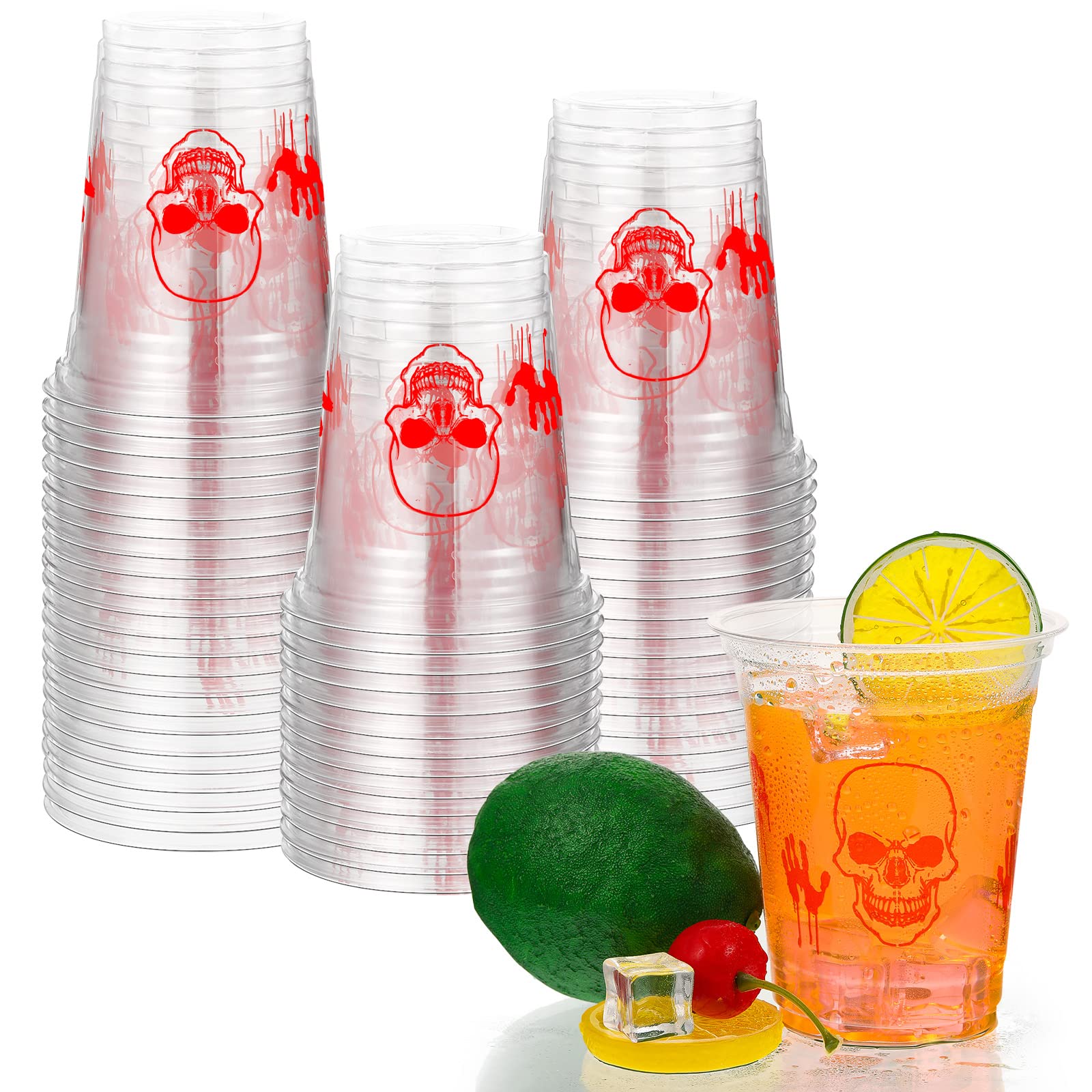 CHENGU 12 Oz Halloween Plastic Party Cups Halloween Clear Disposable Cups Skinny Skull Bloody Hand Halloween Cups for Drinks Jui