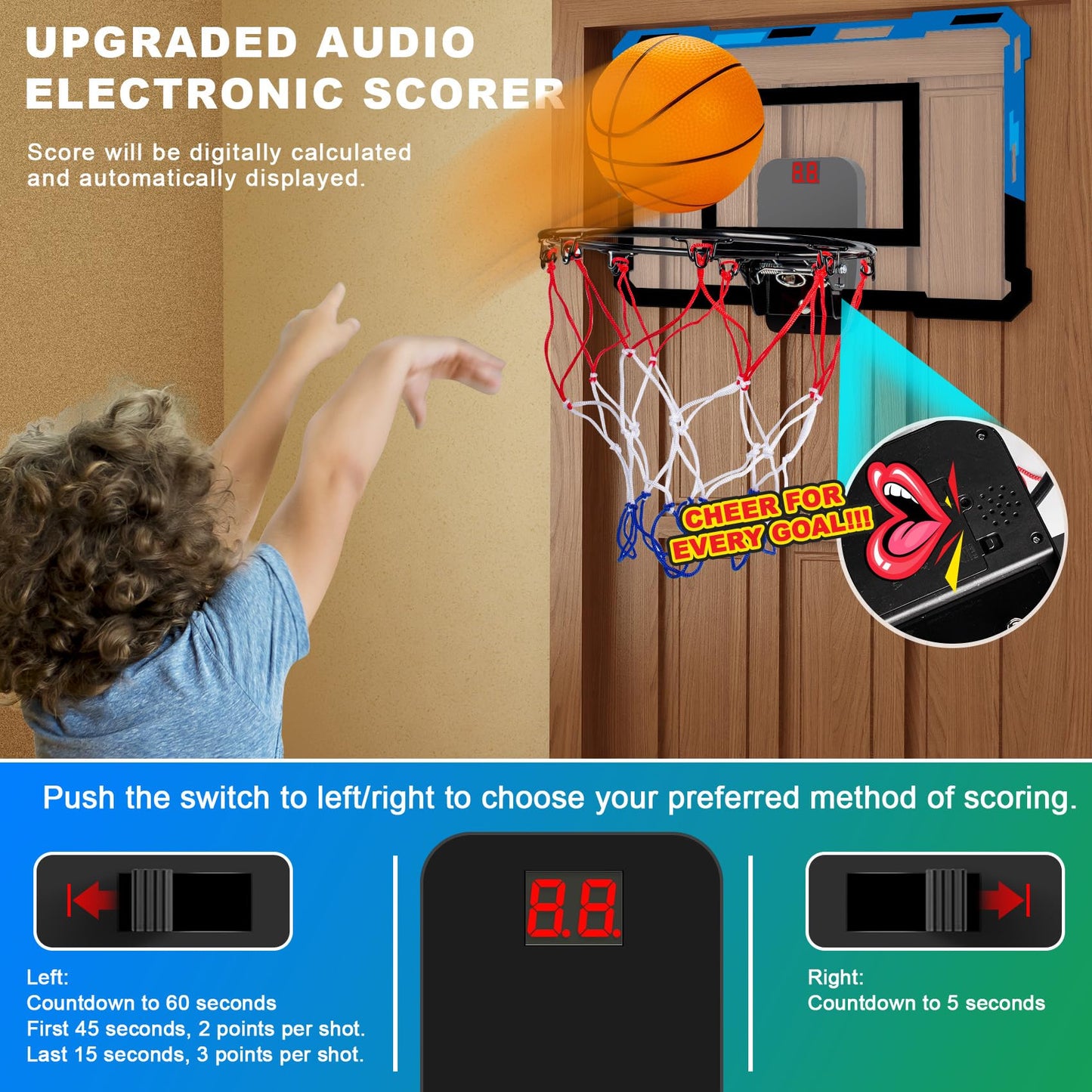 Loiley Basketball Hoop Indoor For Kids Adults With Scorer With 2 Scoring Methods, Door Room Basketball Mini Hoop With 3 Batterie