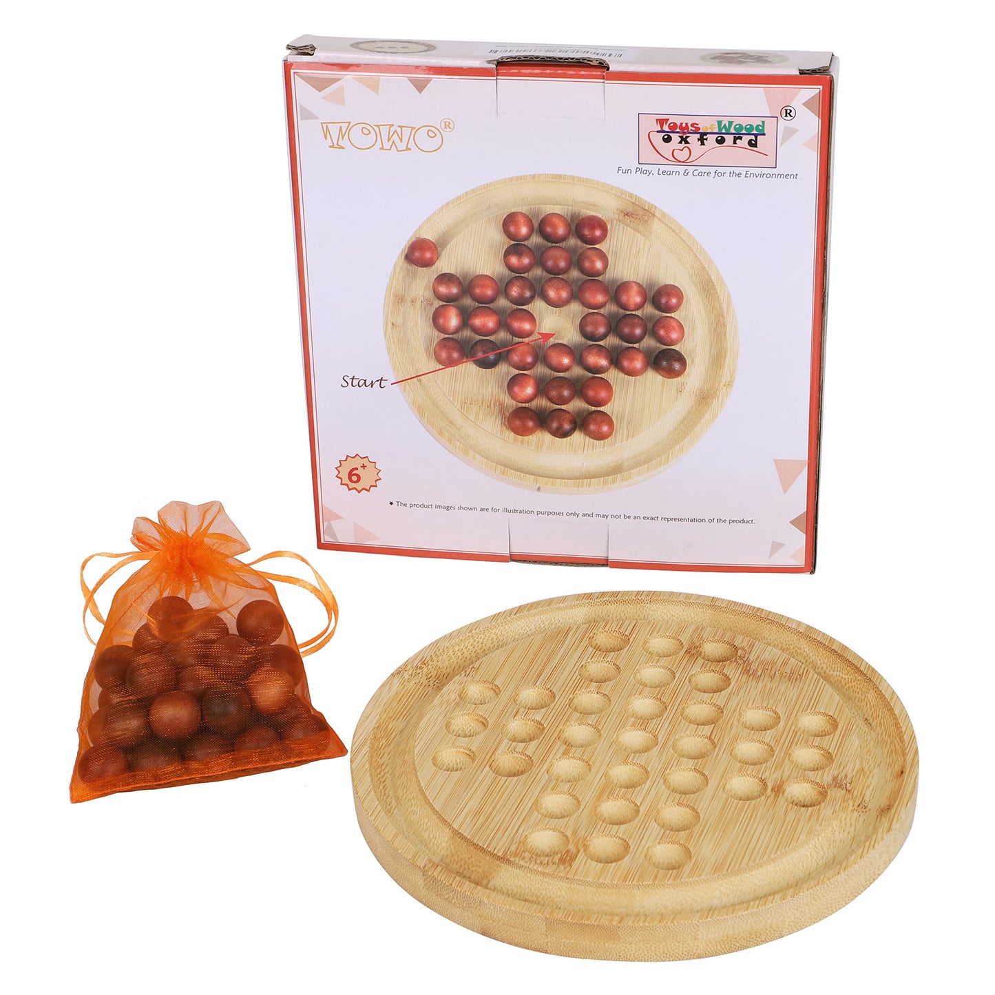 TOWO Wooden Solitaire Game -Peg Solitaire Puzzle Toy - Classic Board Game Marble Chess Mind Game 22.5 CM 8.8    Round Board with