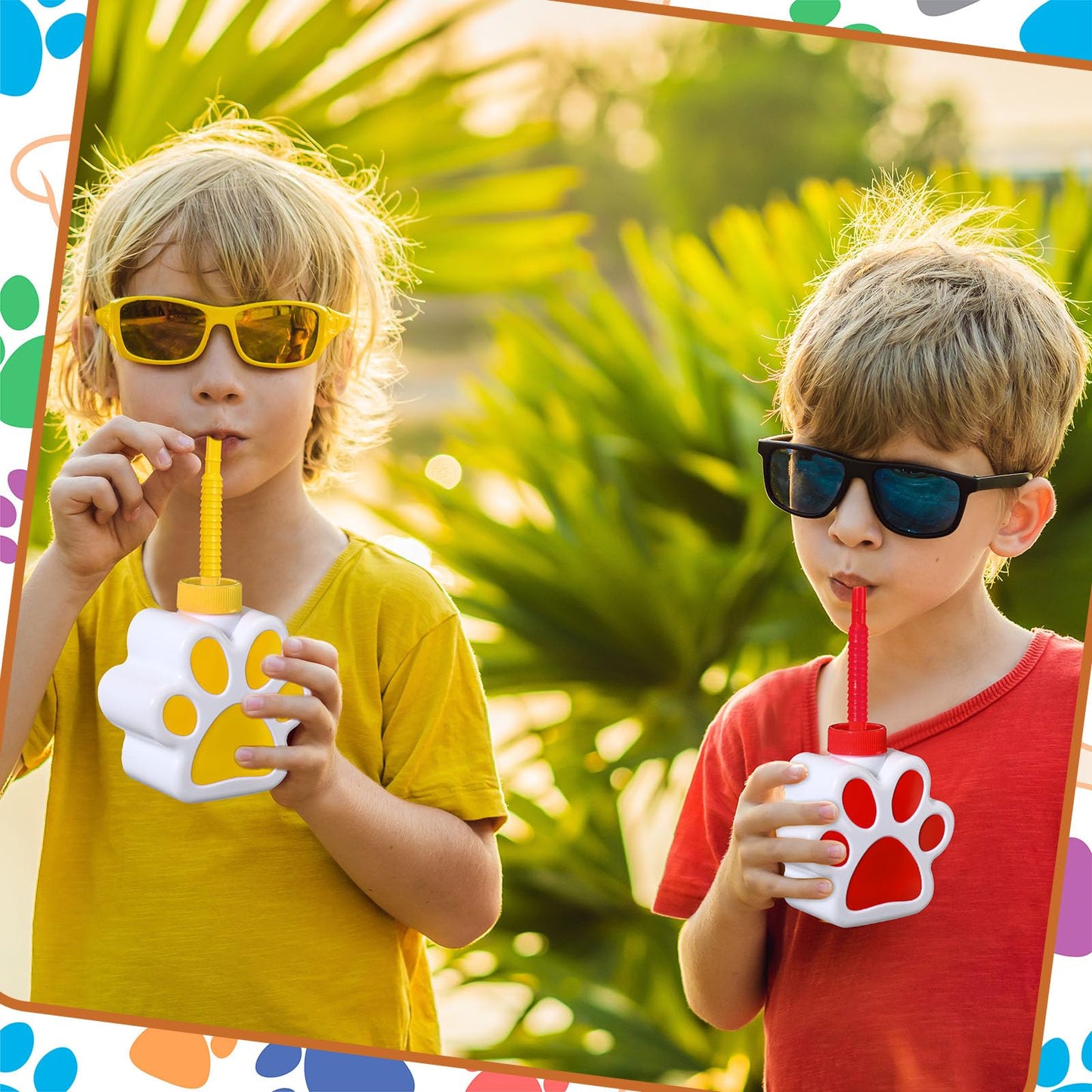 Sratte 10 oz Dog Paw Cups with Straw and Lid Dog Themed Birthday Party Supplies, Cute Print Plastic Puppy Drinking Cup Bulk for