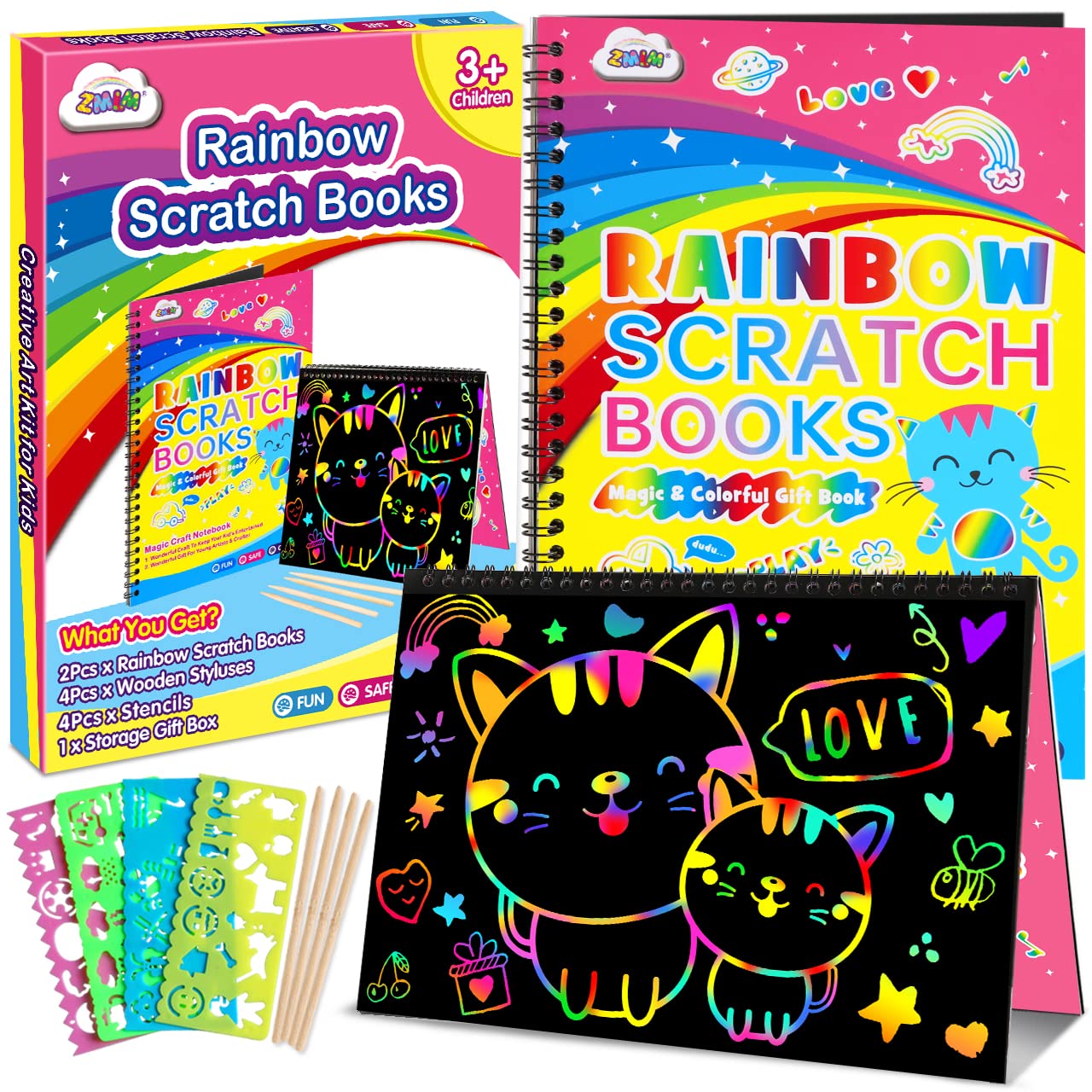 ZMLM Rainbow Scratch Notebooks for Kids: 2 Packs Art-Craft Scratch Off Notebooks Kits Magic DIY Paper Supplies Toy for 3 4 5 6 7